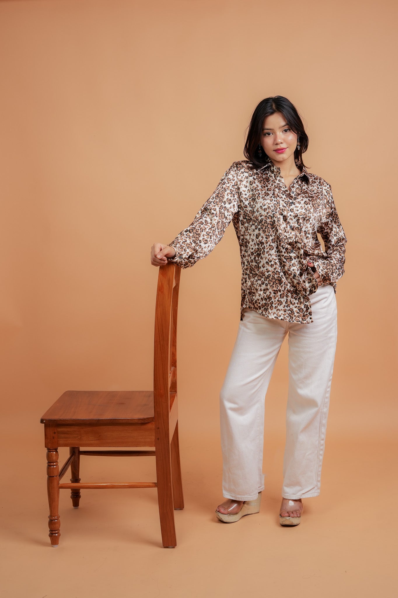 CHUHAL- BROWN LEOPARD PRINT SATIN SHIRT