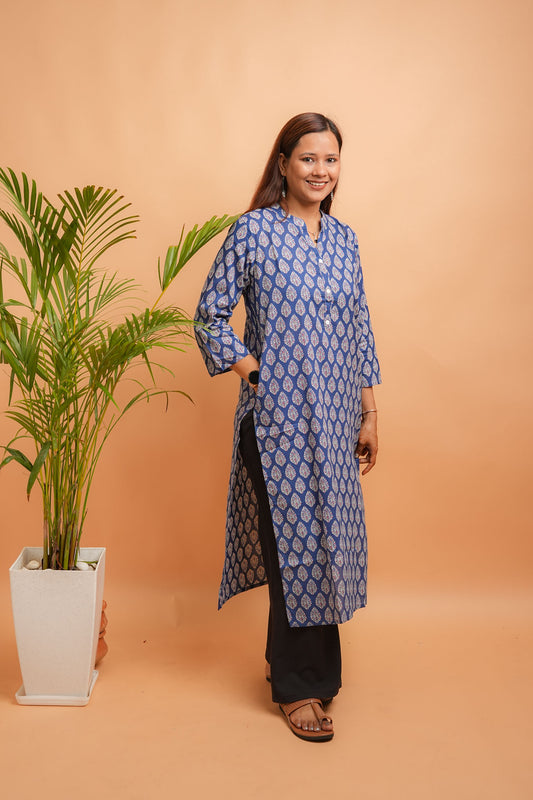 KAKSHI- NAVY COTTON MANDARIN KURTA
