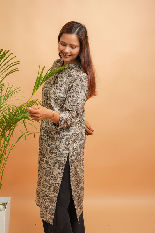 Kaalaka-Cotton floral print brown kurta