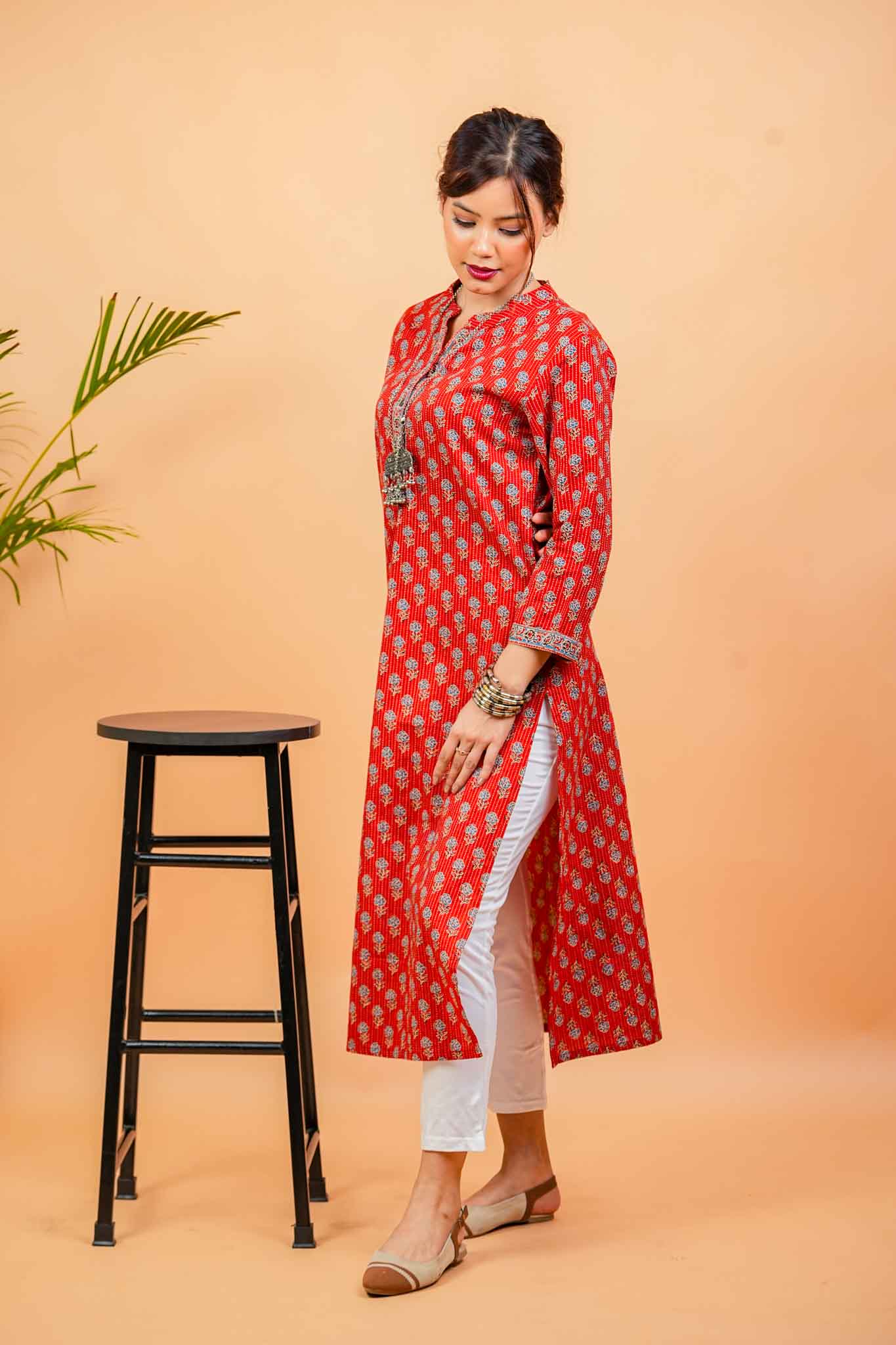 Kaamika-Cotton katha rust colour with navy butti straight kurta