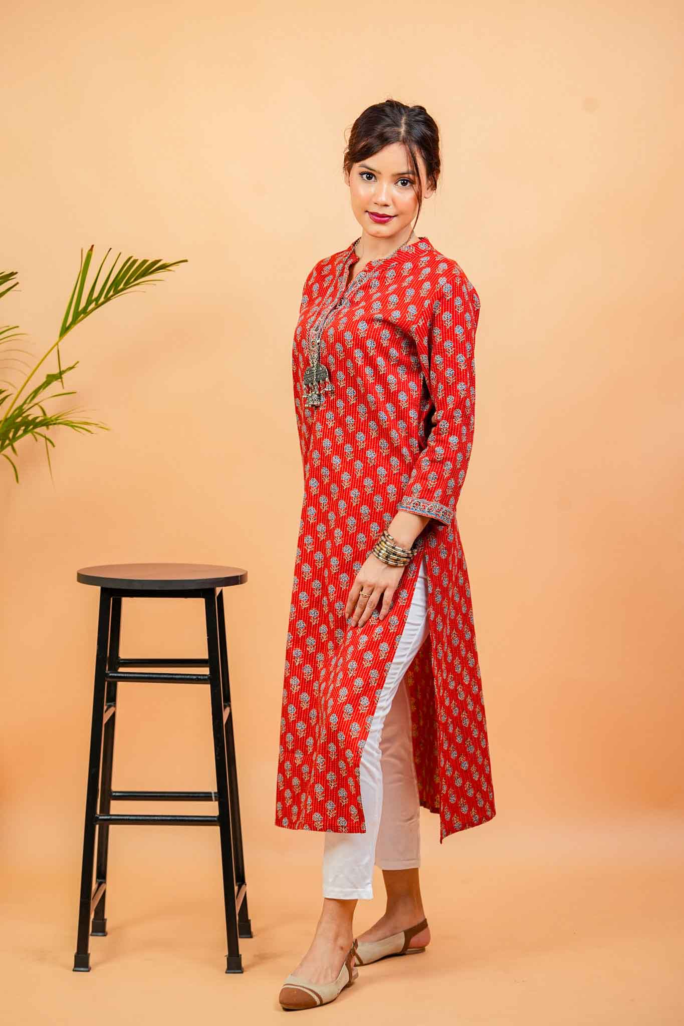 Kaamika-Cotton katha rust colour with navy butti straight kurta