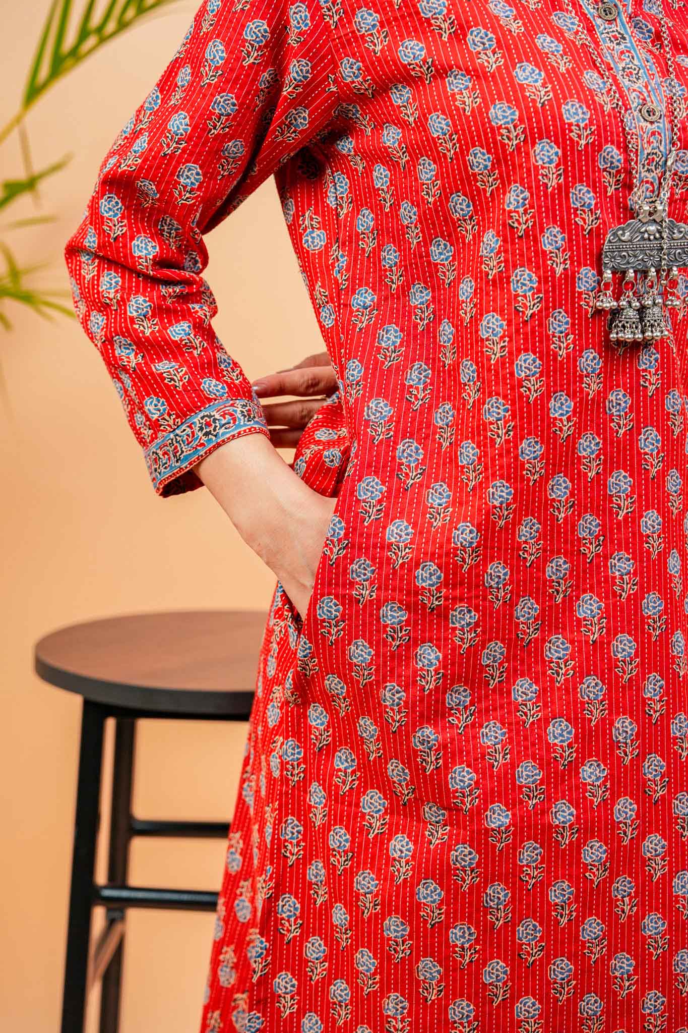 Kaamika-Cotton katha rust colour with navy butti straight kurta