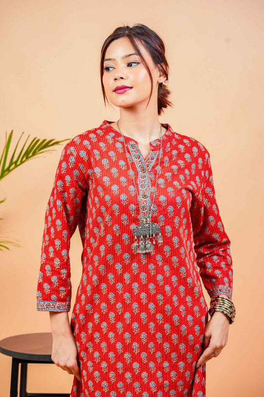Kaamika-Cotton katha rust colour with navy butti straight kurta