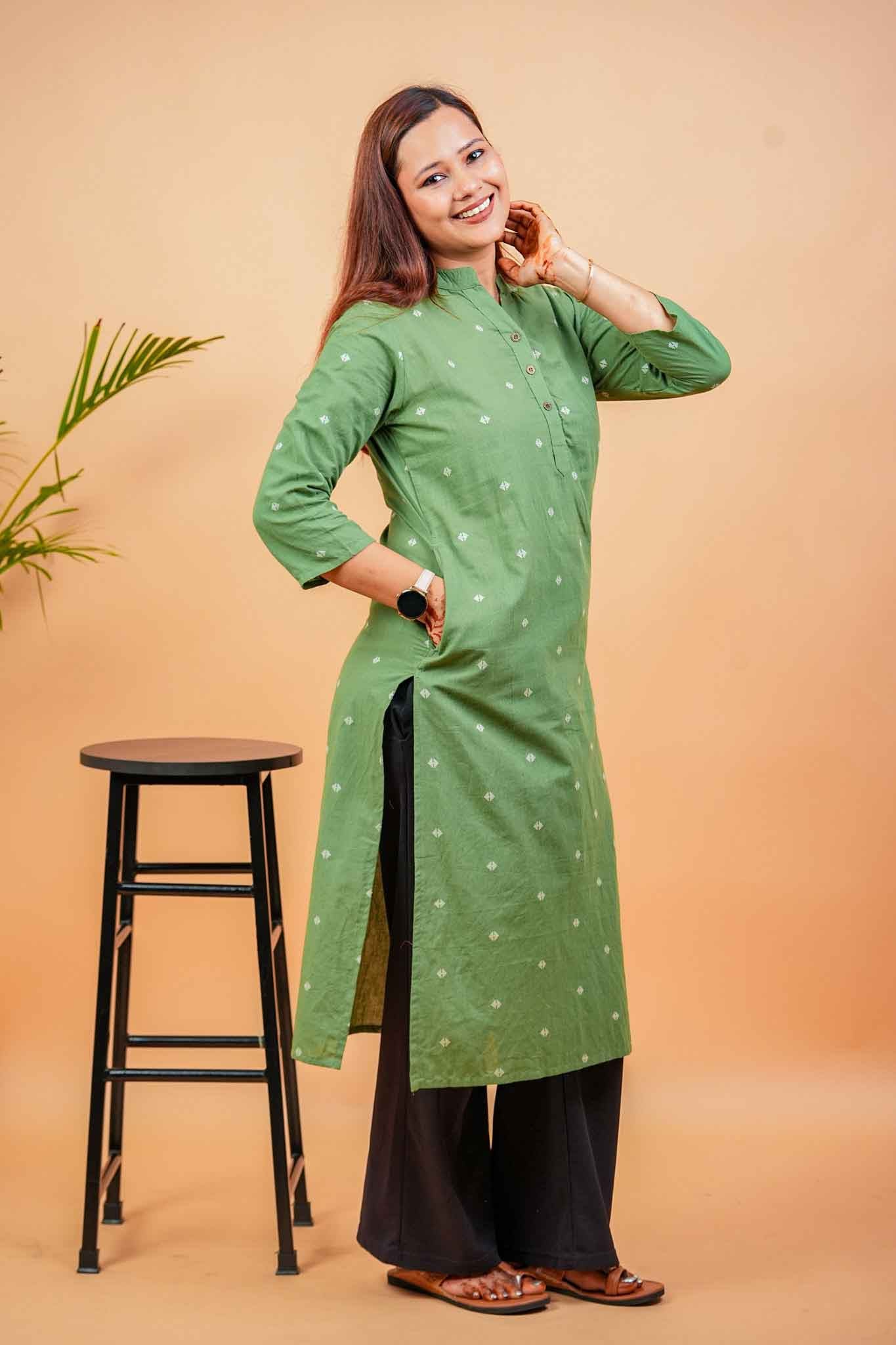 KANSI- OLIVE GREEN HANDLOOM WOVEN KURTA