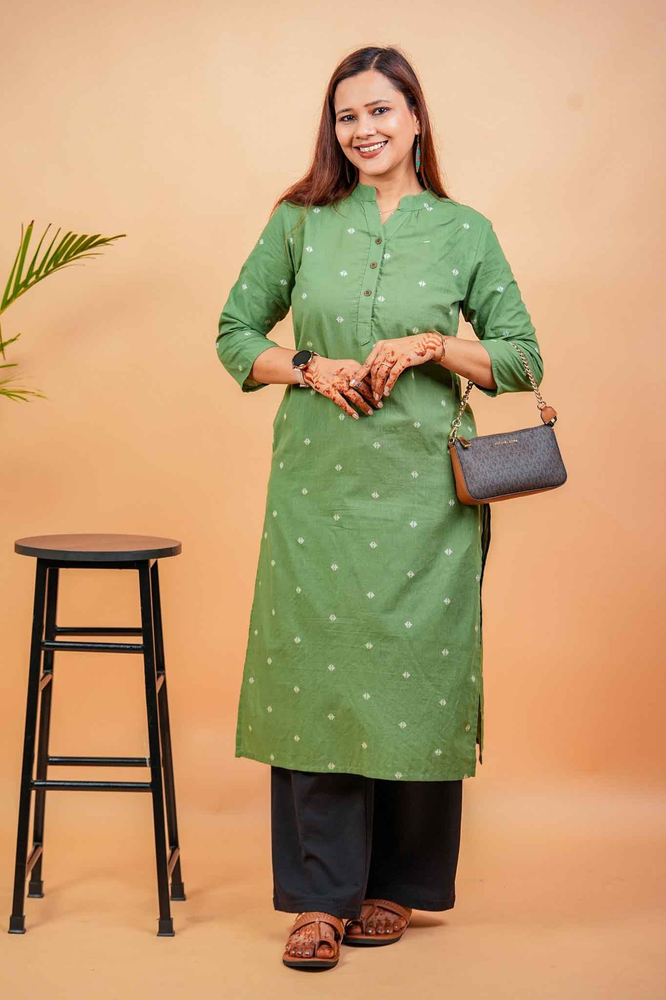 KANSI- OLIVE GREEN HANDLOOM WOVEN KURTA