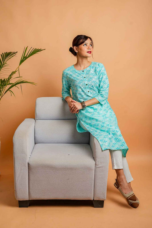 Kaamodi-Mint cotton kurta with silver foil print butti
