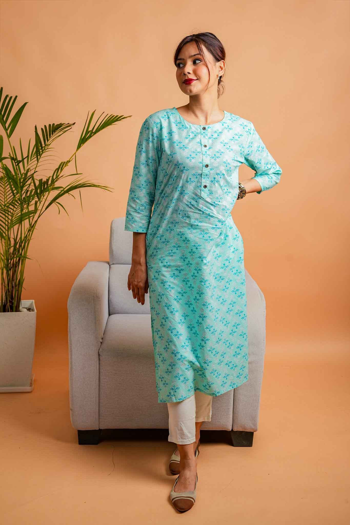 Kaamodi-Mint cotton kurta with silver foil print butti