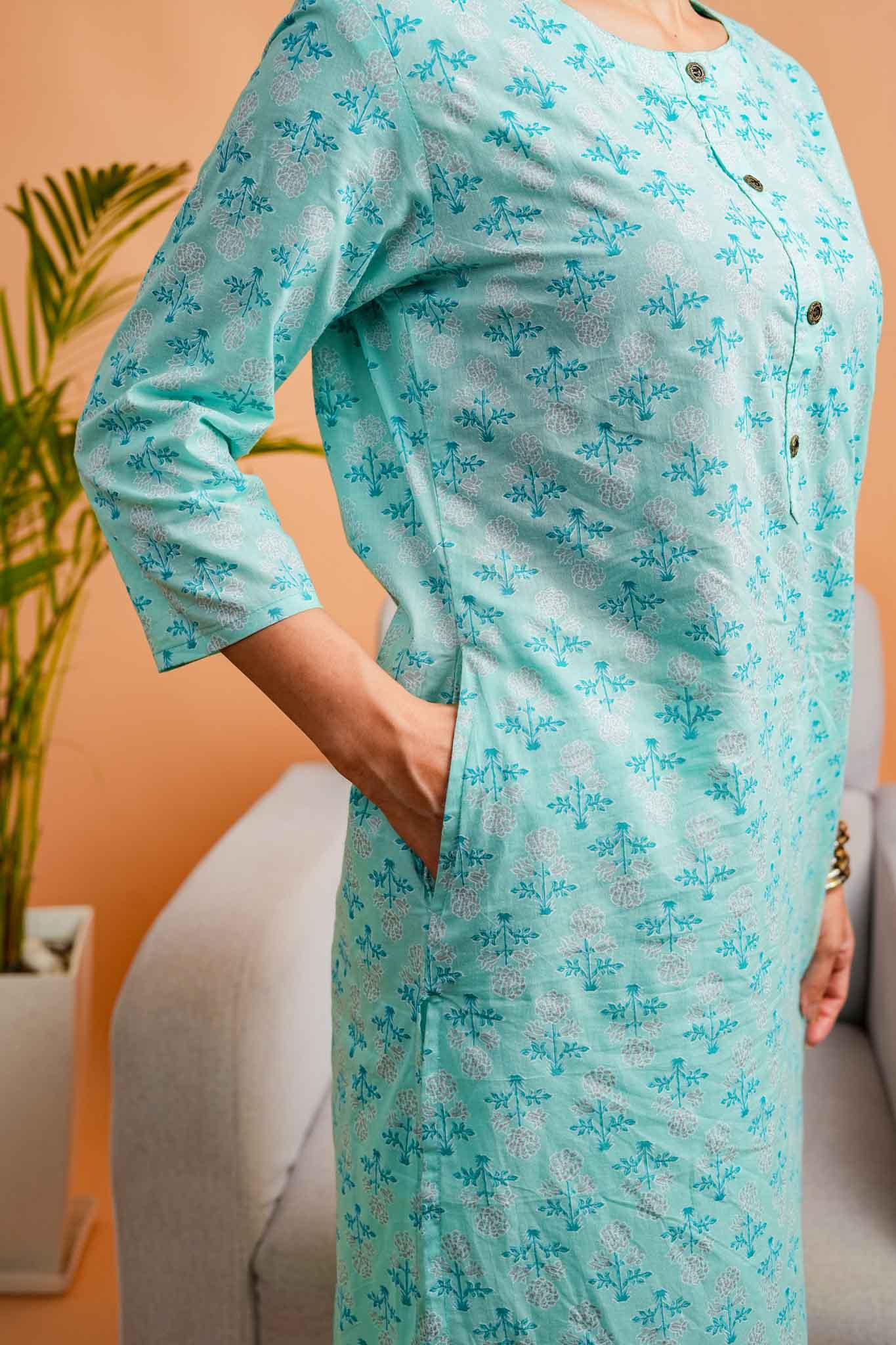 Kaamodi-Mint cotton kurta with silver foil print butti