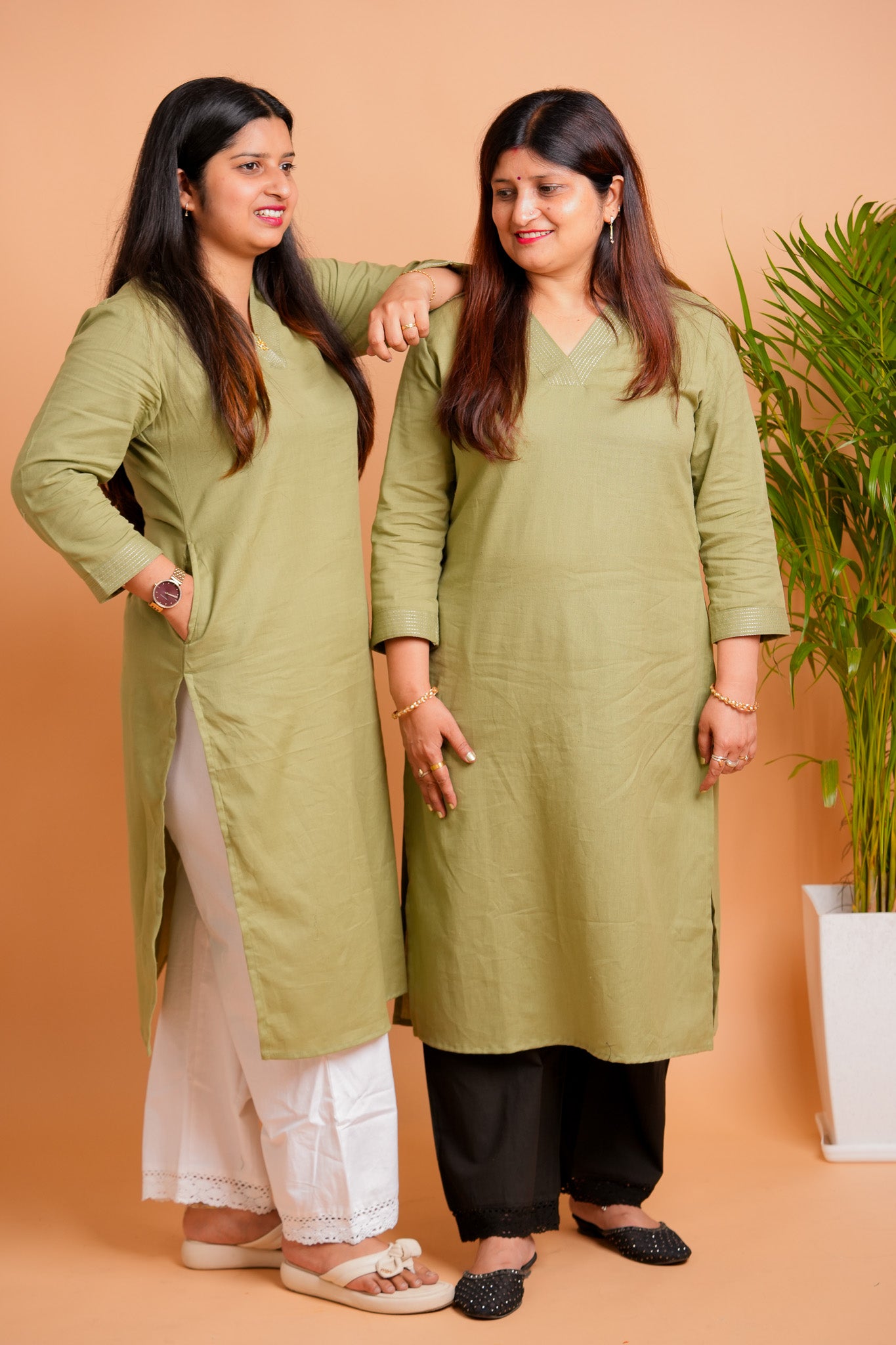 KYLA- OLIVE GREEN V- NECK KURTA