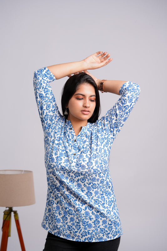 PRATVI-WHITE AND DARK BLUE RAYON TUNIC