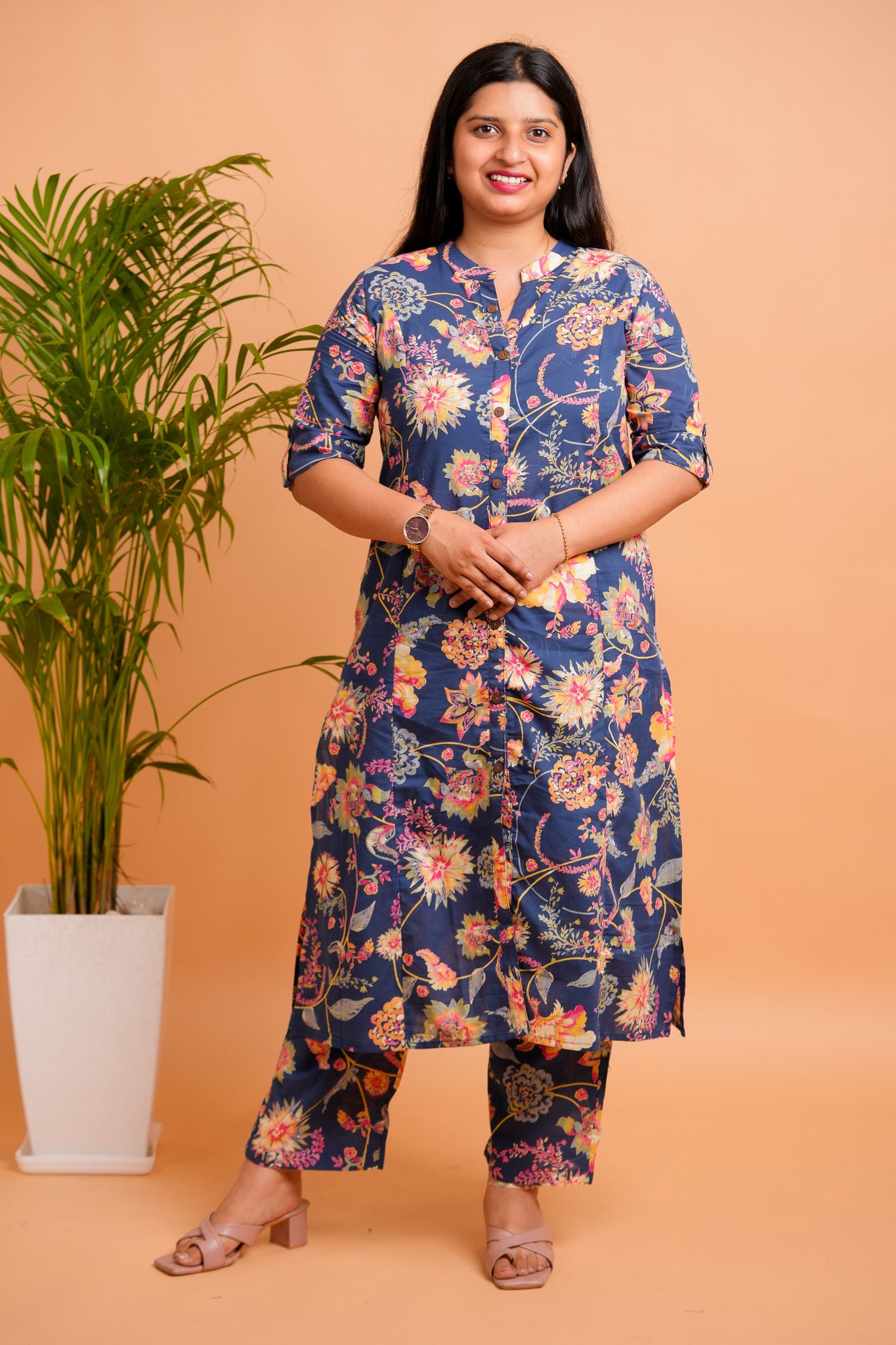 LINA - DARK BLUE CO-ORD SET WITH BOTANICAL PRINT