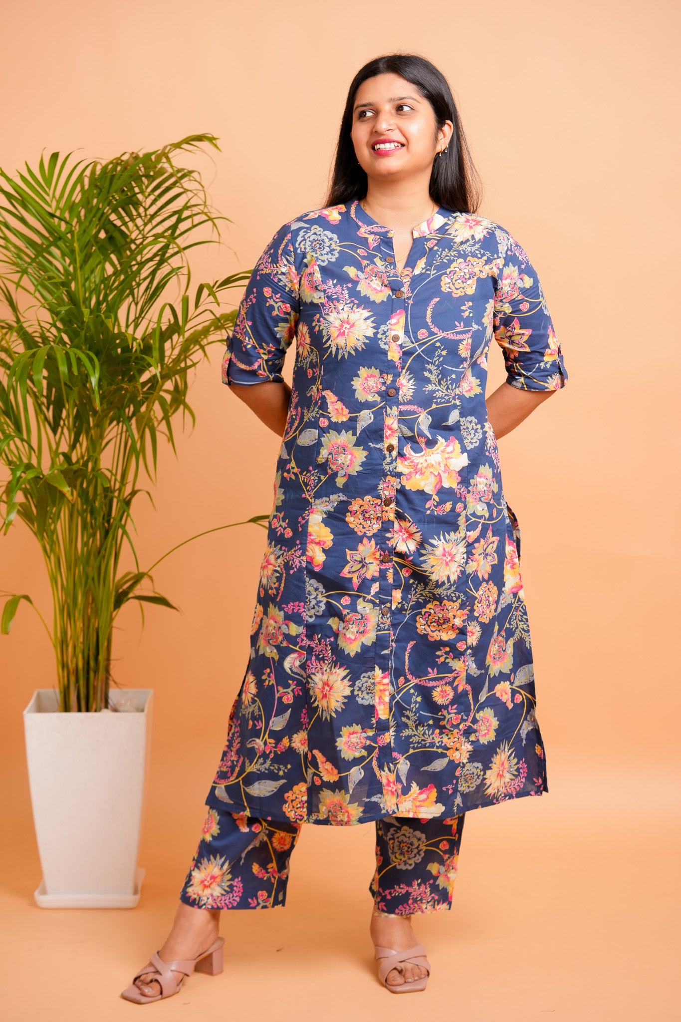 LINA - DARK BLUE CO-ORD SET WITH BOTANICAL PRINT