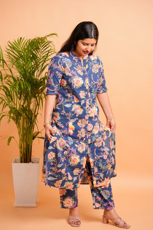 LINA - DARK BLUE CO-ORD SET WITH BOTANICAL PRINT