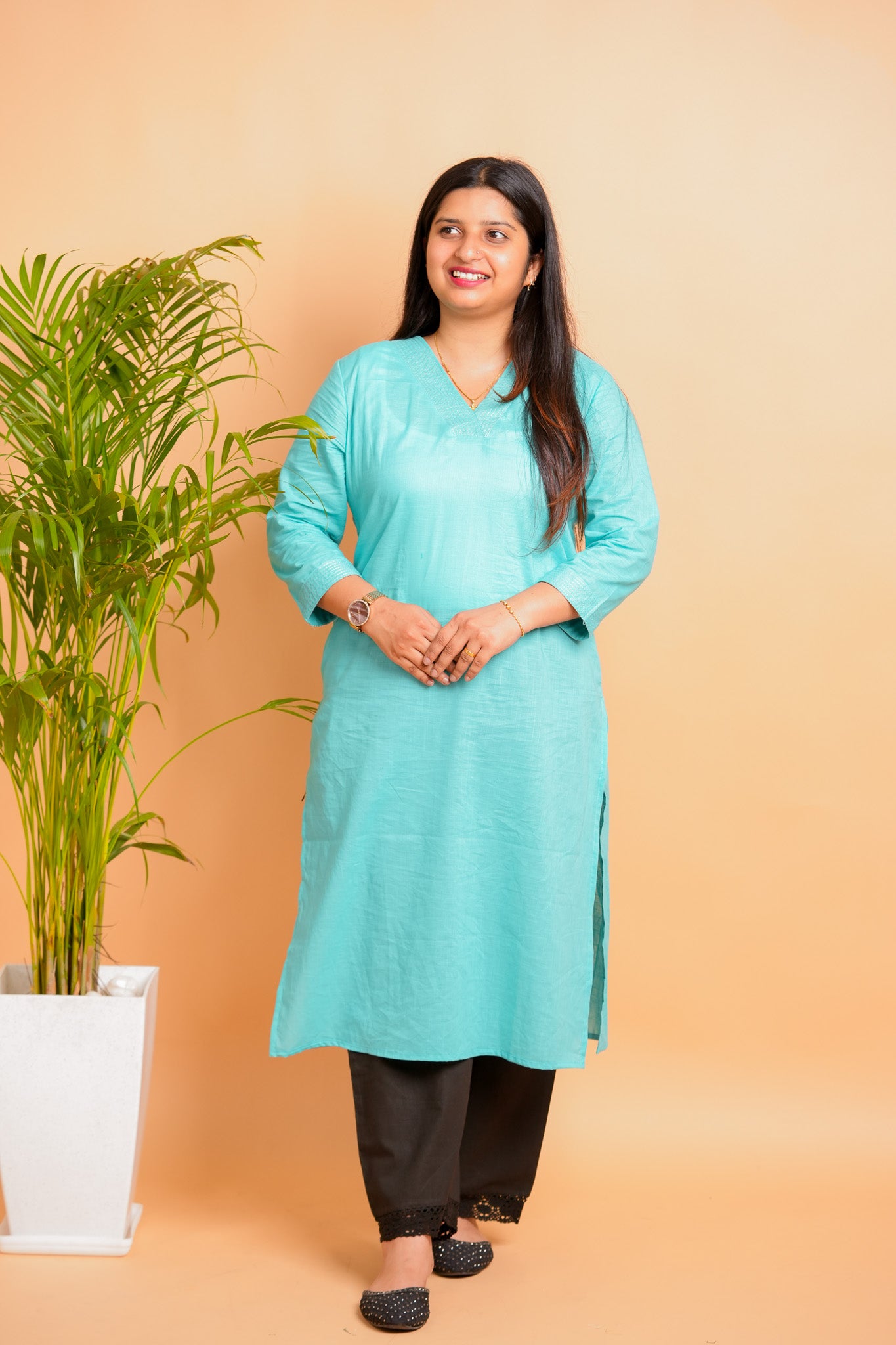 KESA- AQUA BLUE V-NECK KURTA
