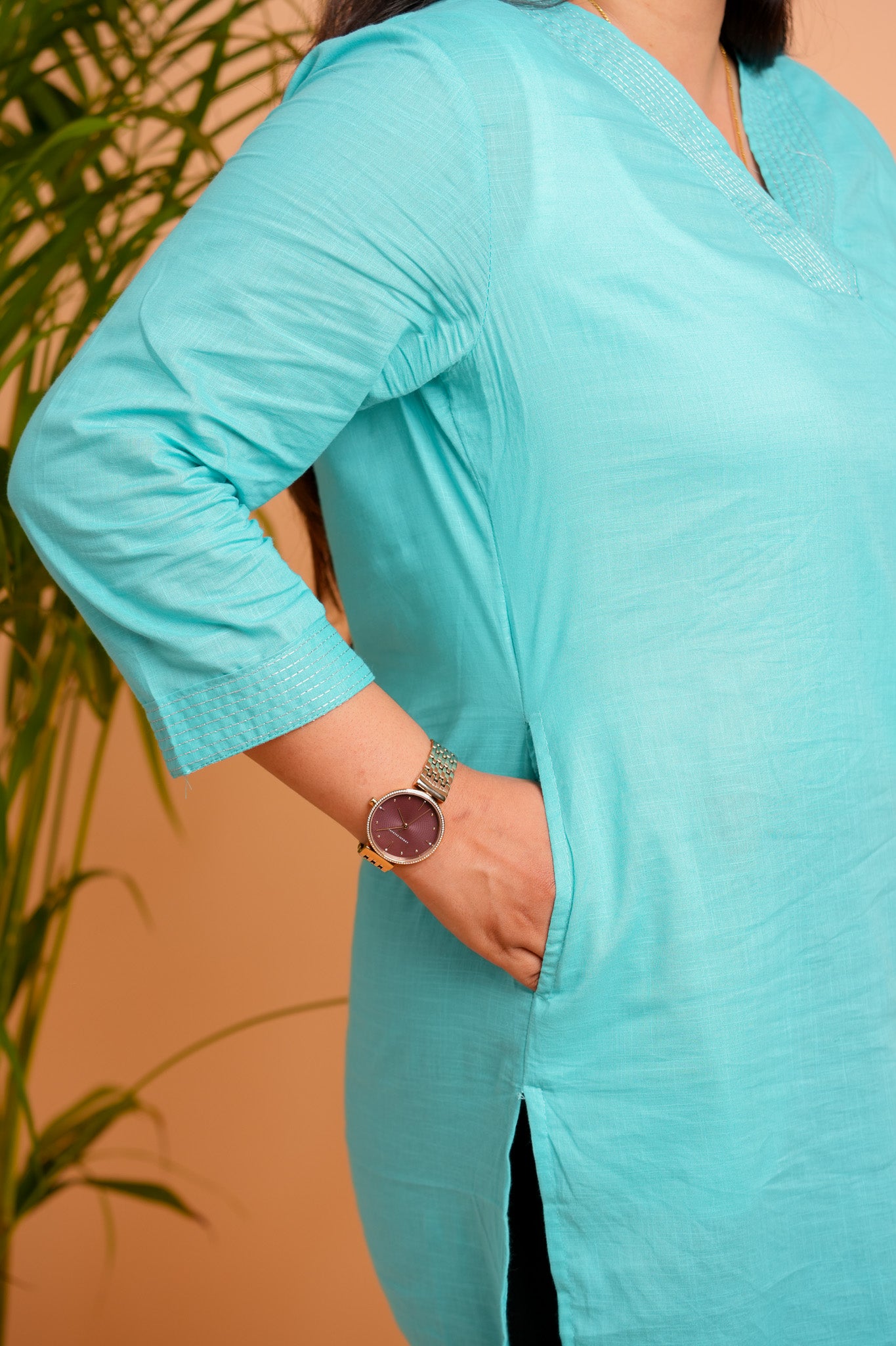 KESA- AQUA BLUE V-NECK KURTA