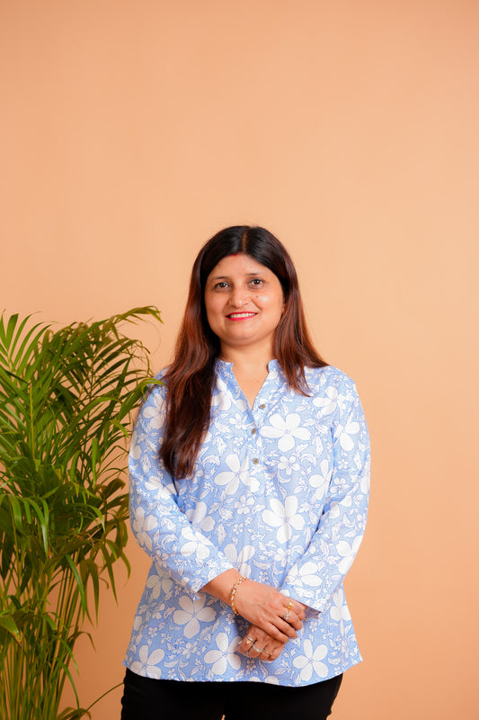 PRENA- BLUE AND WHITE RAYON TUNIC