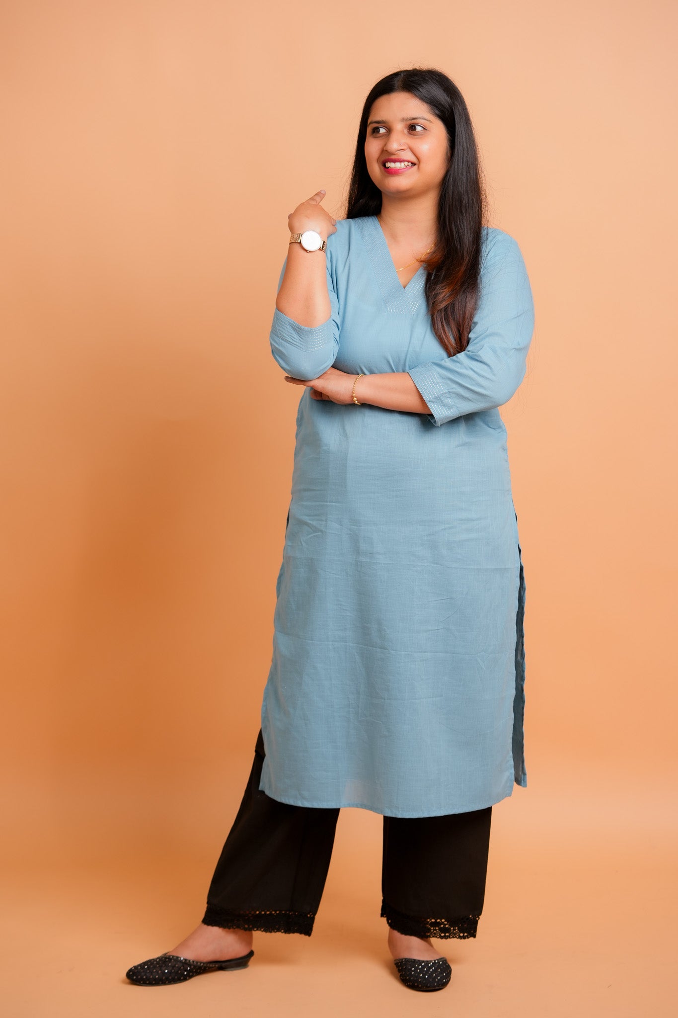 KAPI- POWDER BLUE V-NECK KURTA