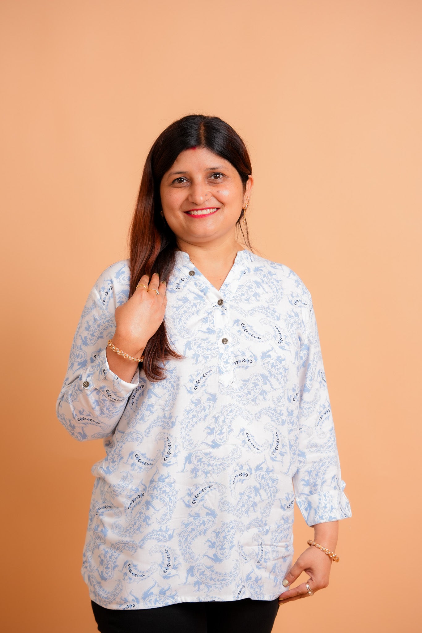 PRAKHYA- WHITE AND BLUE RAYON TUNIC