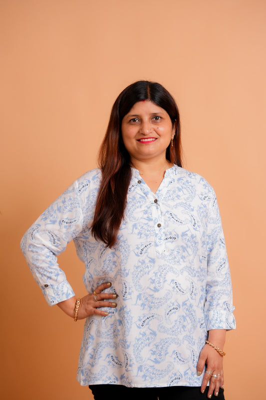 PRAKHYA- WHITE AND BLUE  RAYON TUNIC