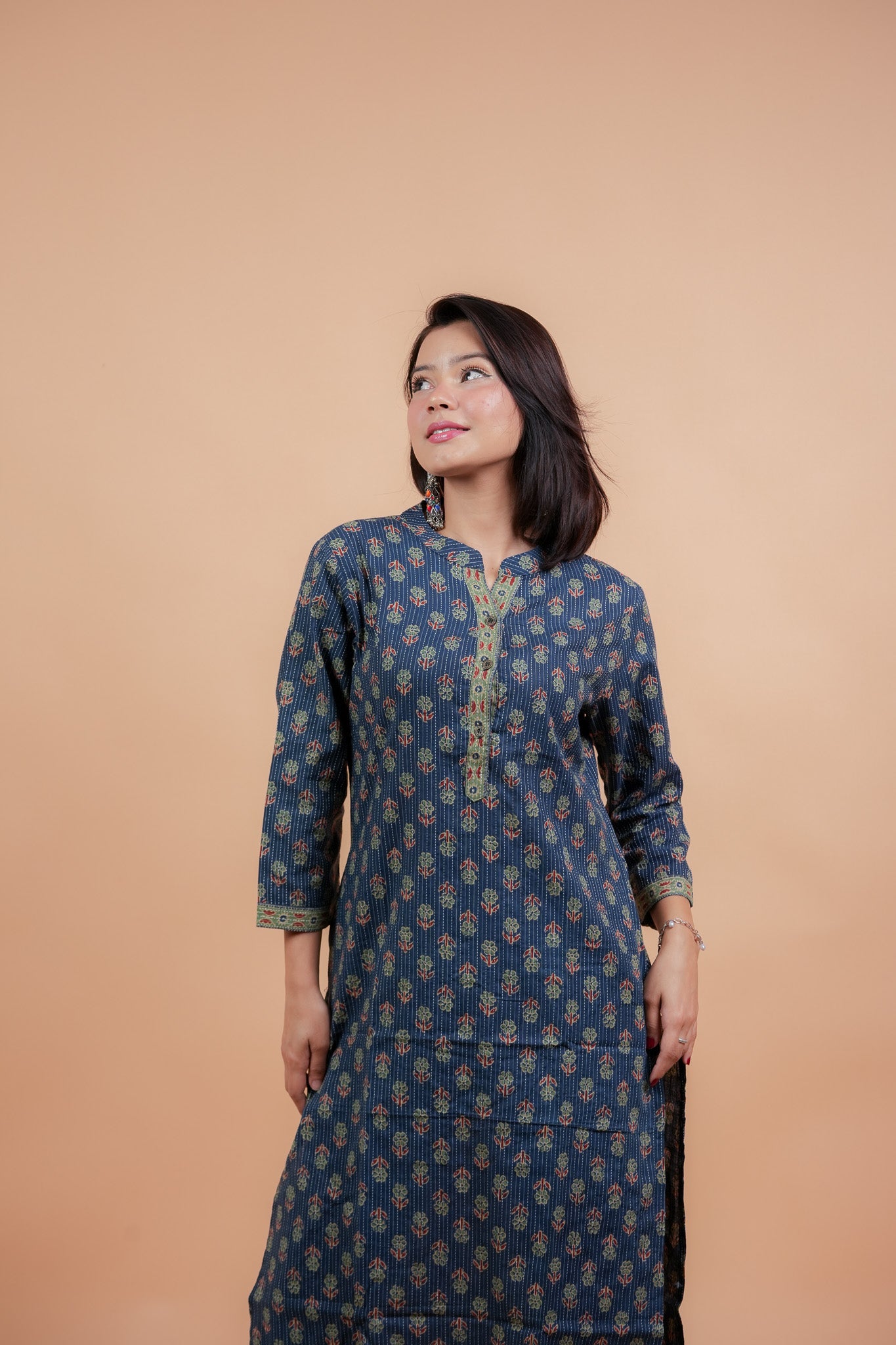 KAAMADA- NAVY COTTON KATHA KURTA