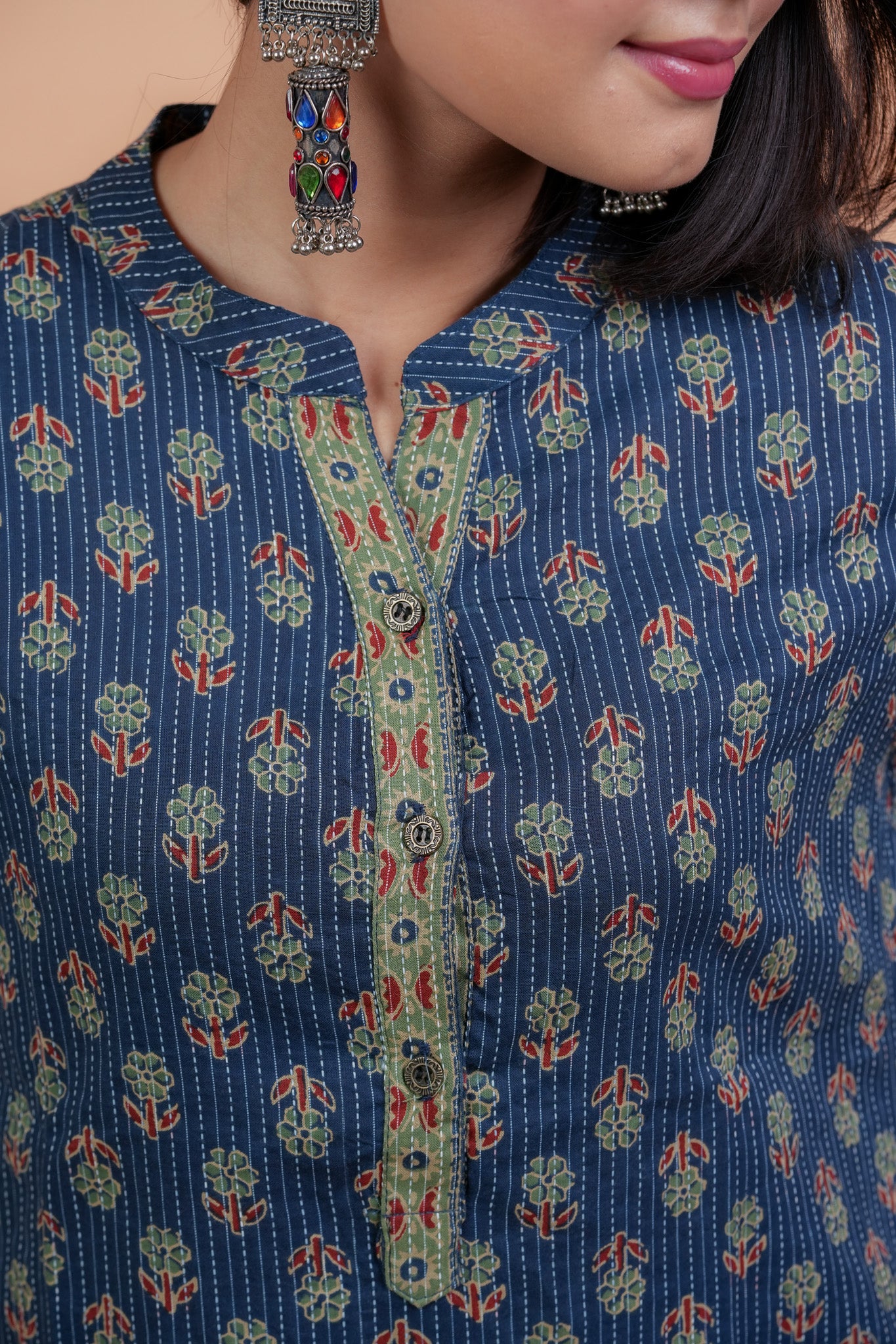 KAAMADA- NAVY COTTON KATHA KURTA