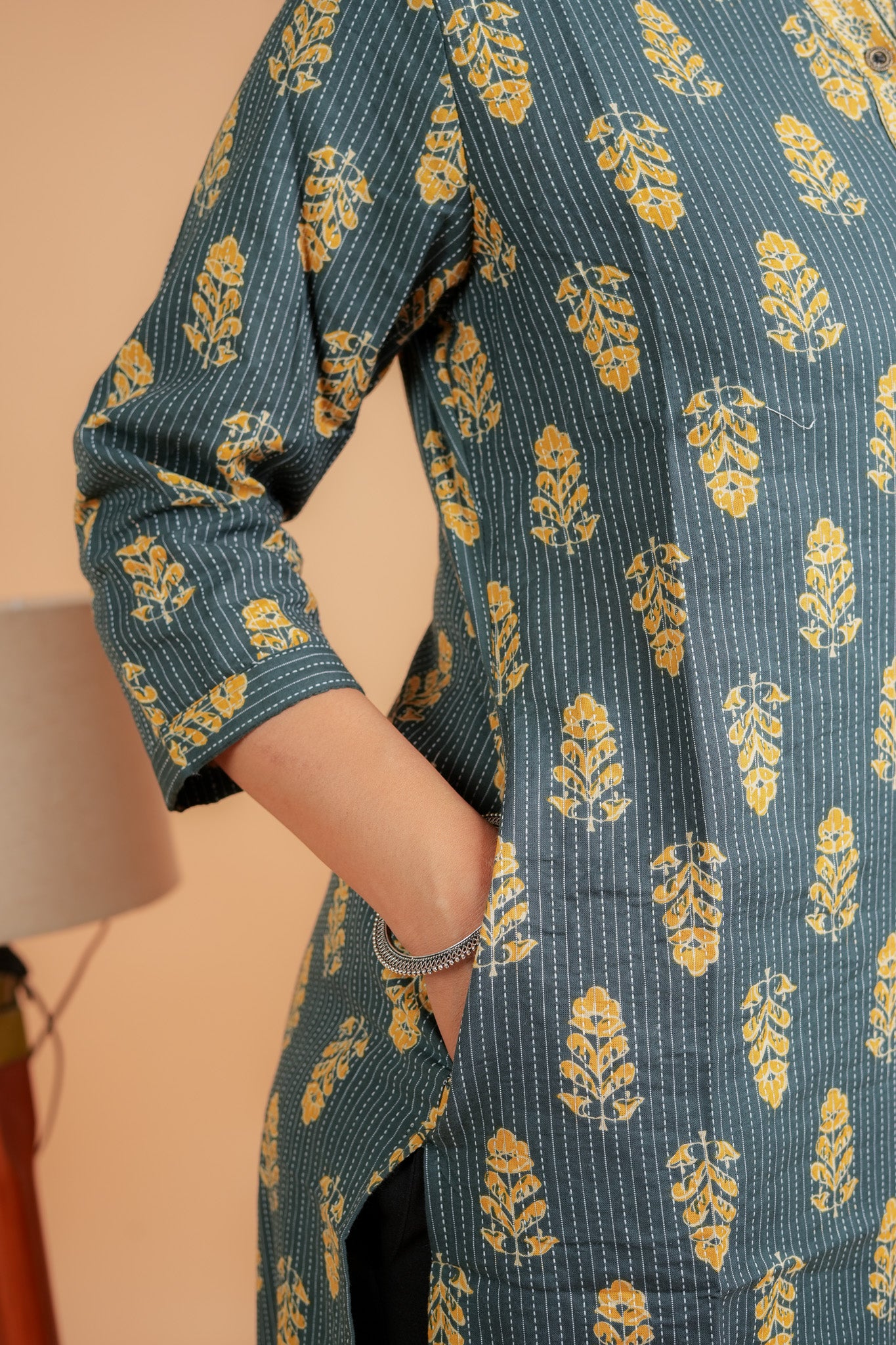 Kaamana-Teal cotton katha with yellow booti straight kurta