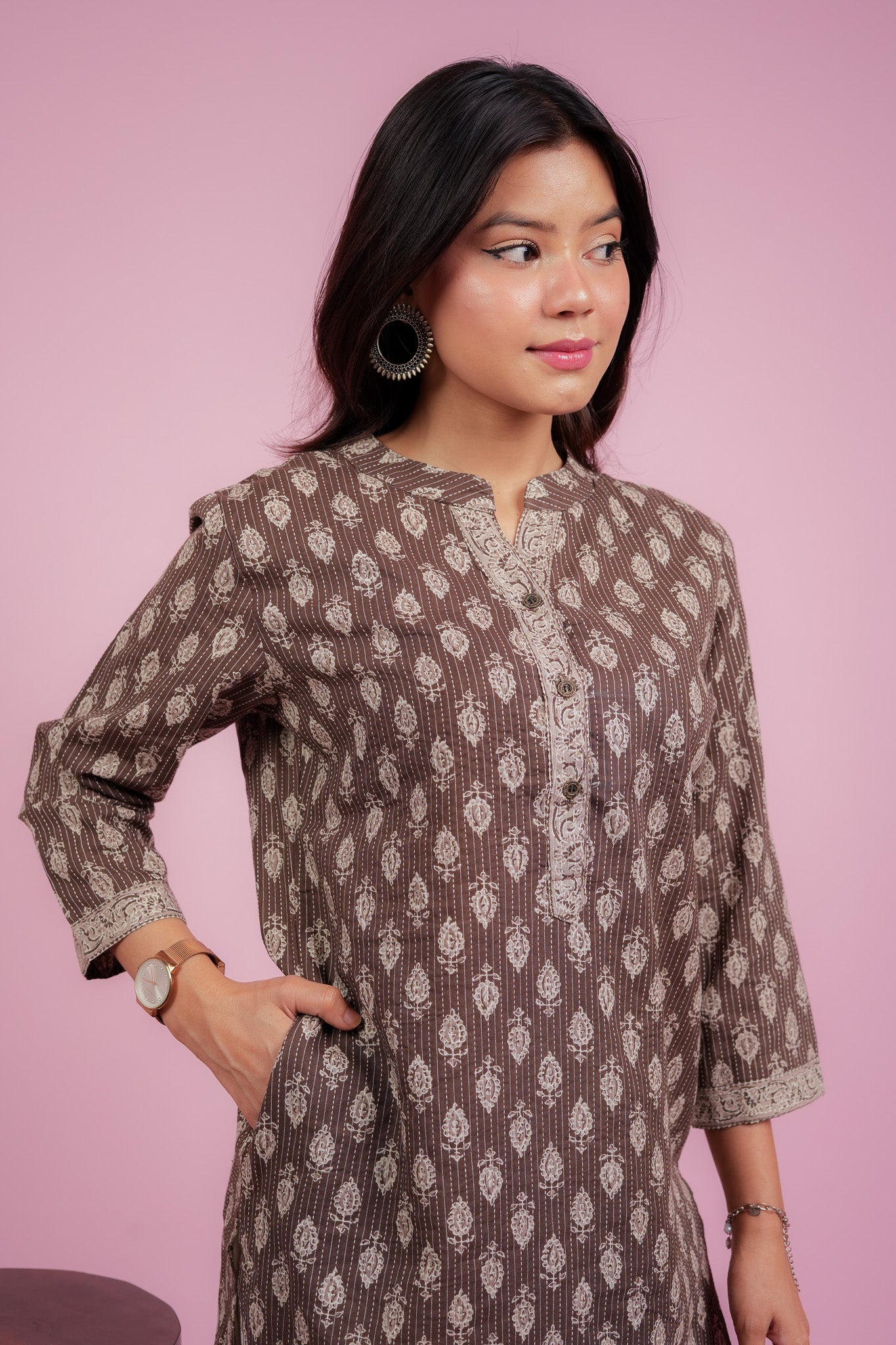 KAAMA-BROWN COTTON KATHA KURTA