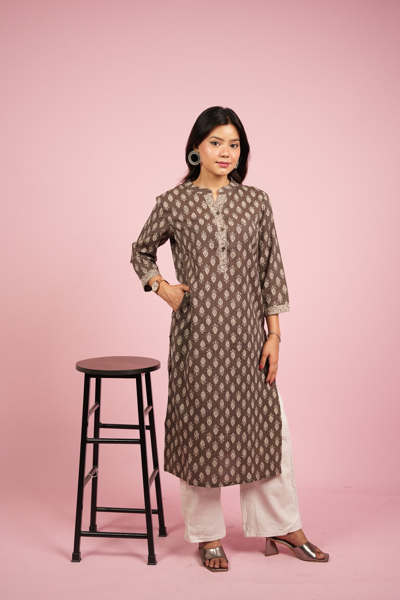 KAAMA-BROWN COTTON KATHA KURTA