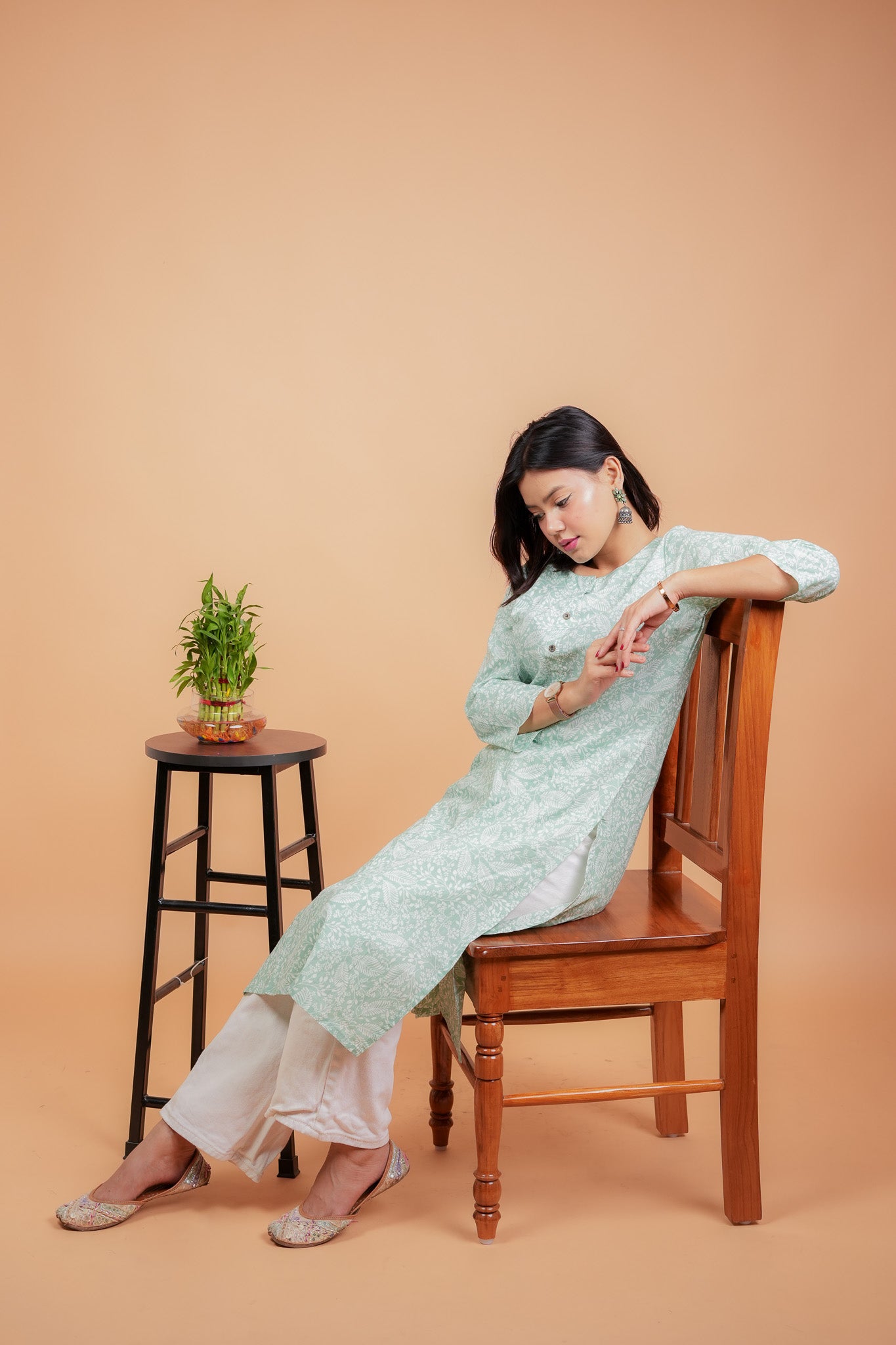 KAAMUNA- PISTA COTTON KURTA WITH WHITE LEAVES AND FLOWERS