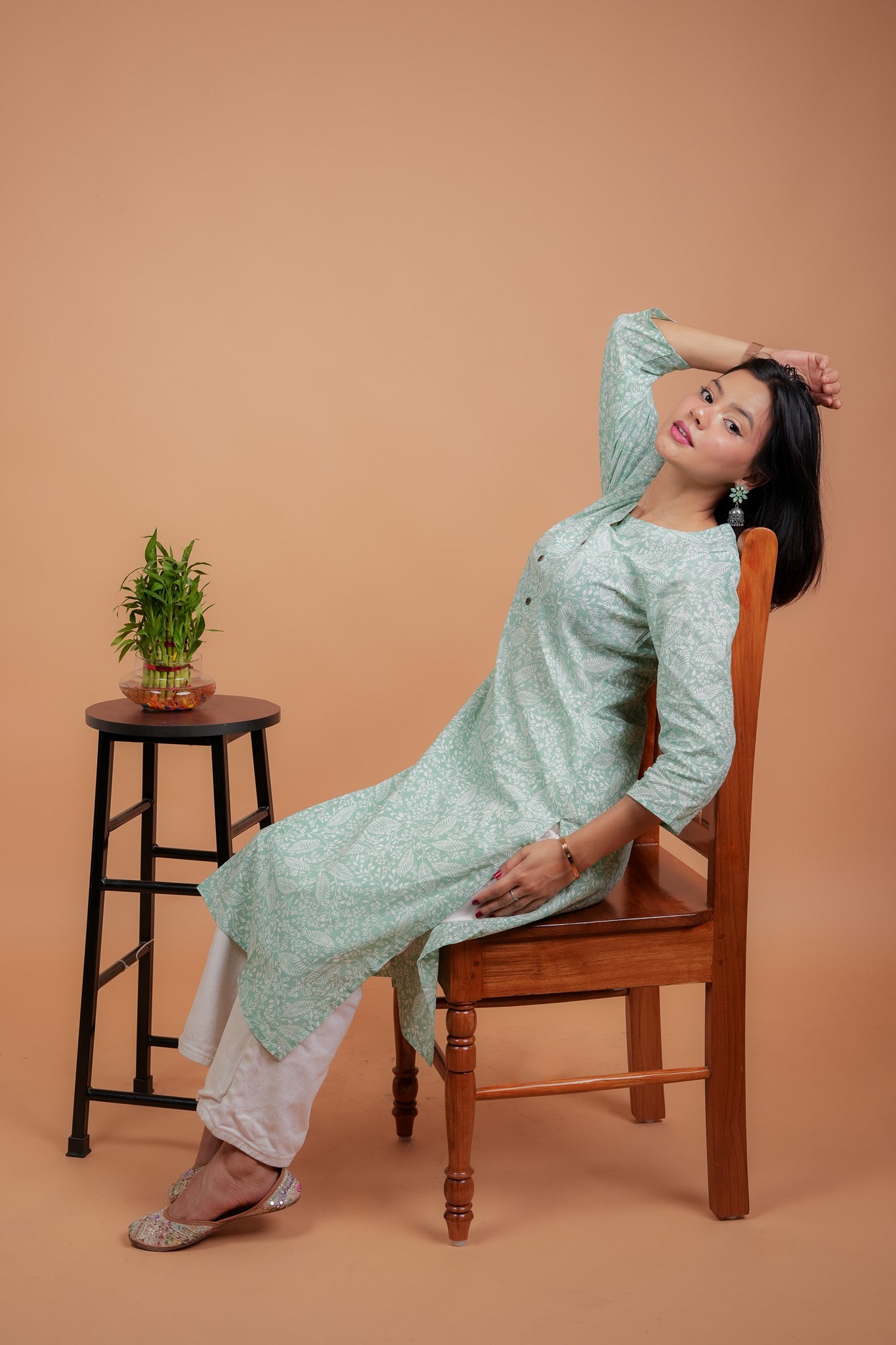 KAAMUNA- PISTA COTTON KURTA WITH WHITE LEAVES AND FLOWERS