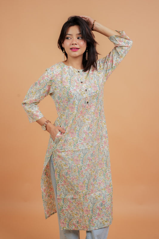 Kalapi-Cream round neck straight cotton kurta