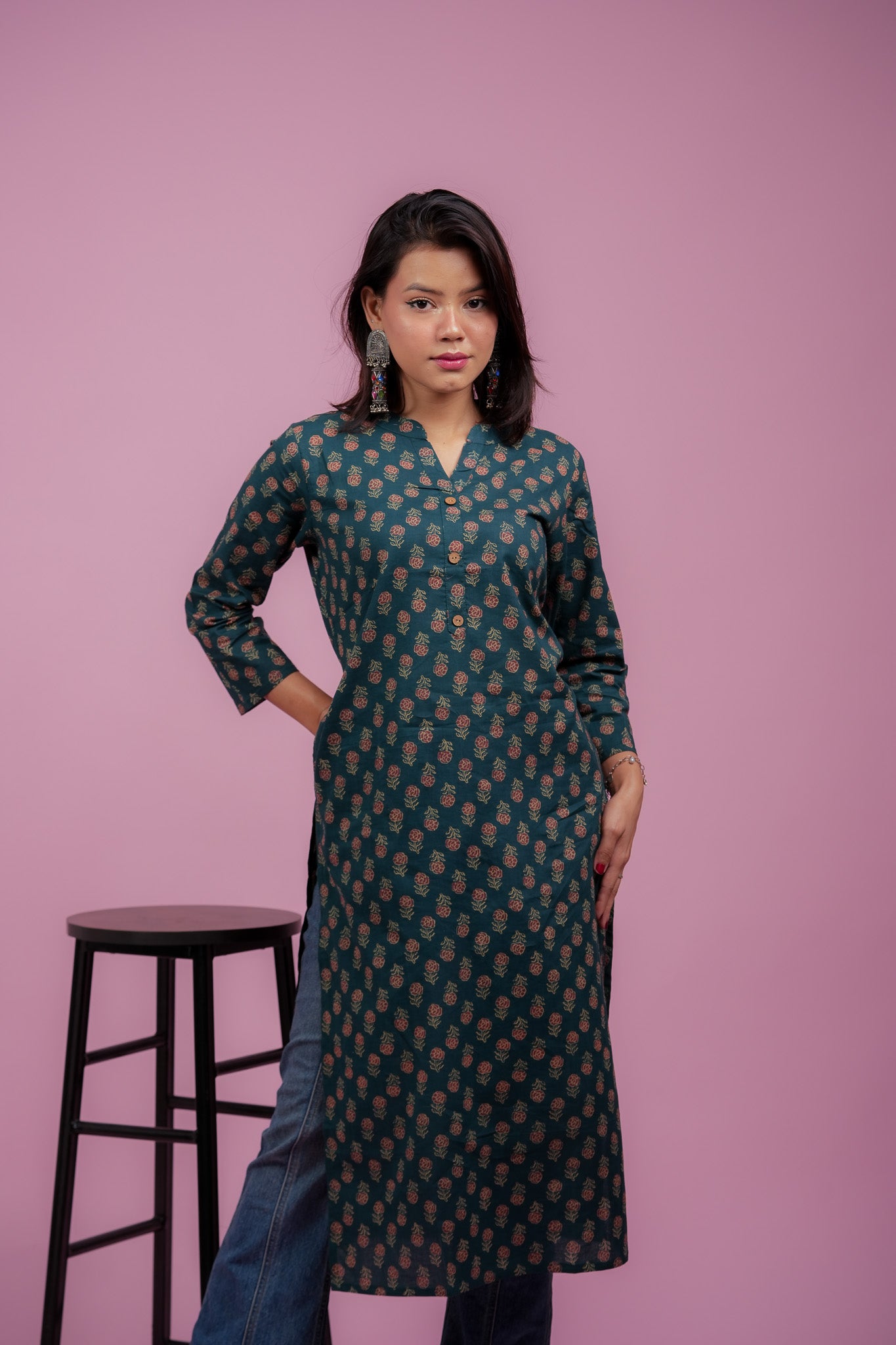 Kallola-Mandarin neck blue cotton kurta