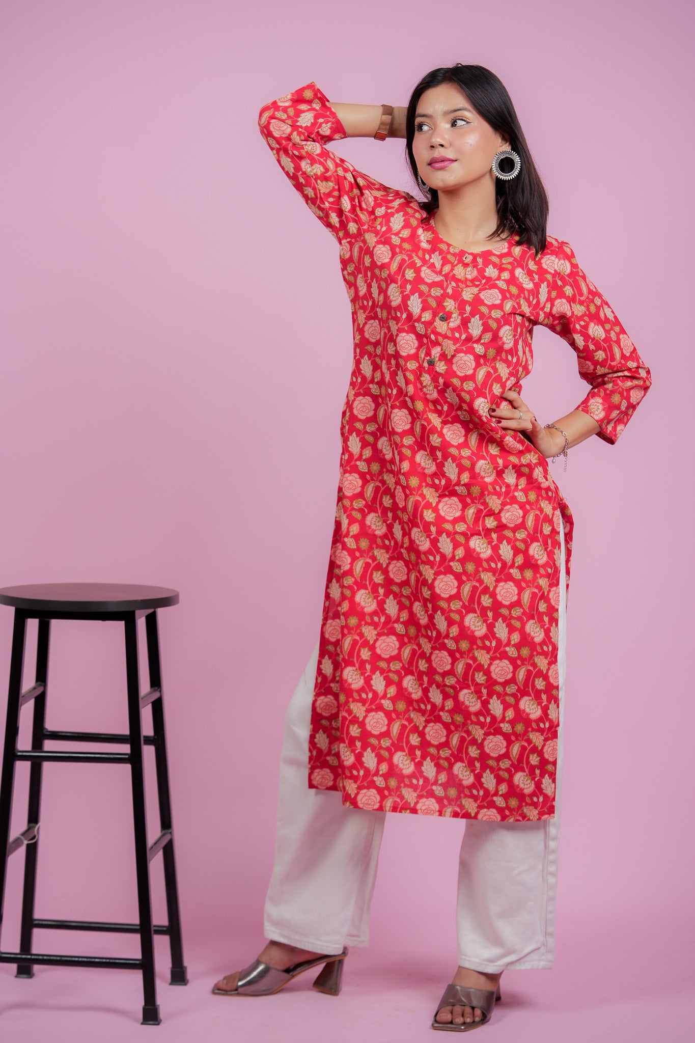 KARTHIKA- RED COTTON KURTA WITH BOTANICAL PRINT