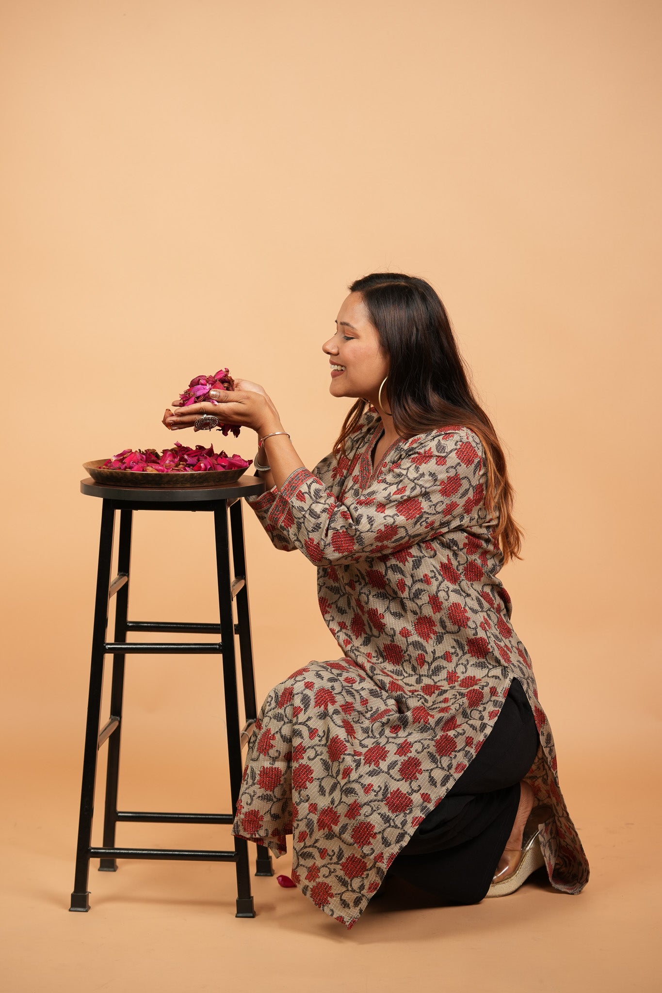 KAVANA- BEIGE AND BRICK RED COTTON KATHA KURTA