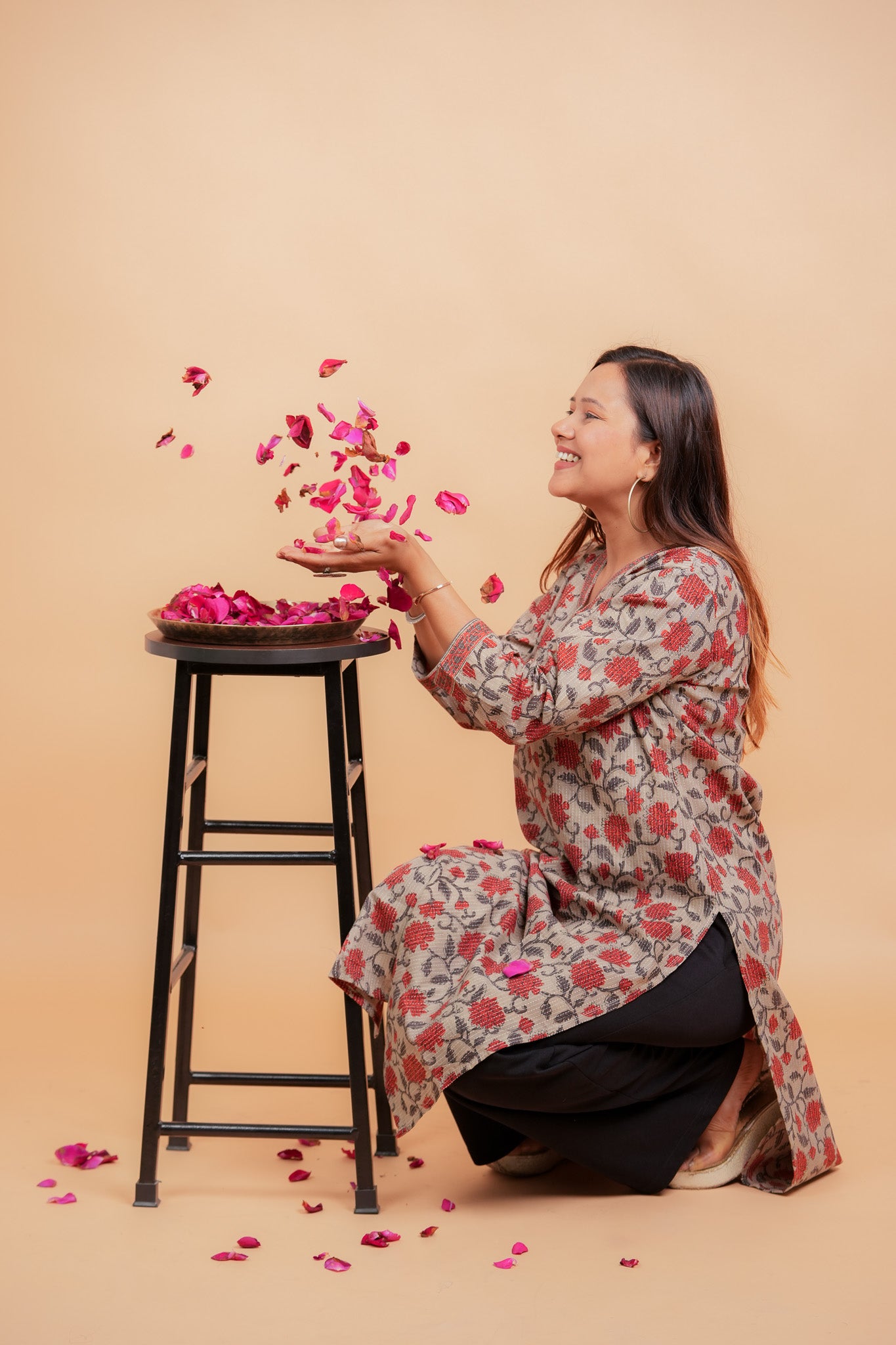 KAVANA- BEIGE AND BRICK RED COTTON KATHA KURTA