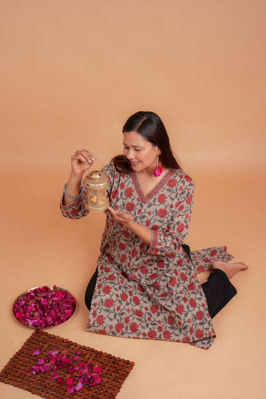 KAVANA- BEIGE AND BRICK RED COTTON KATHA KURTA