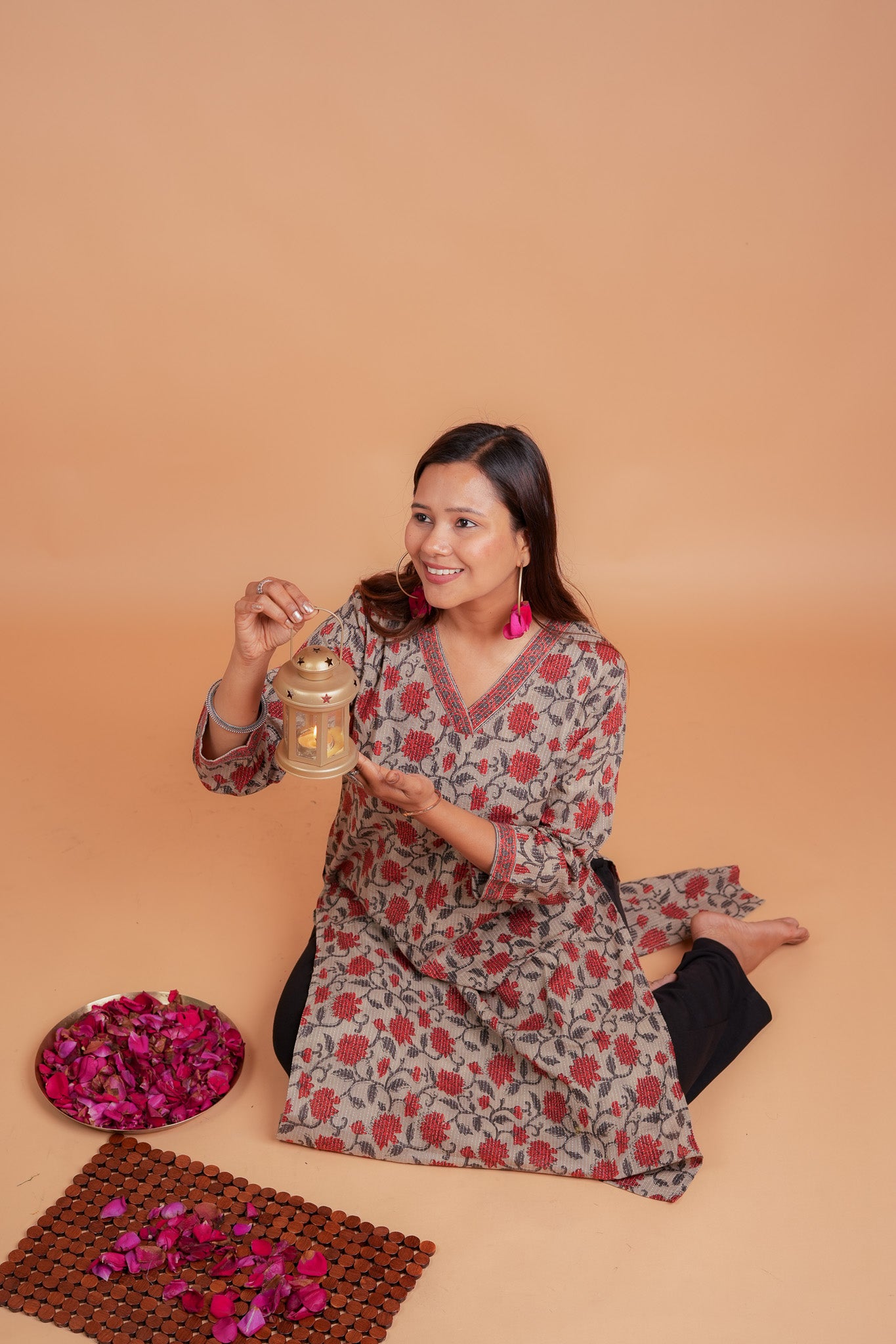 KAVANA- BEIGE AND BRICK RED COTTON KATHA KURTA