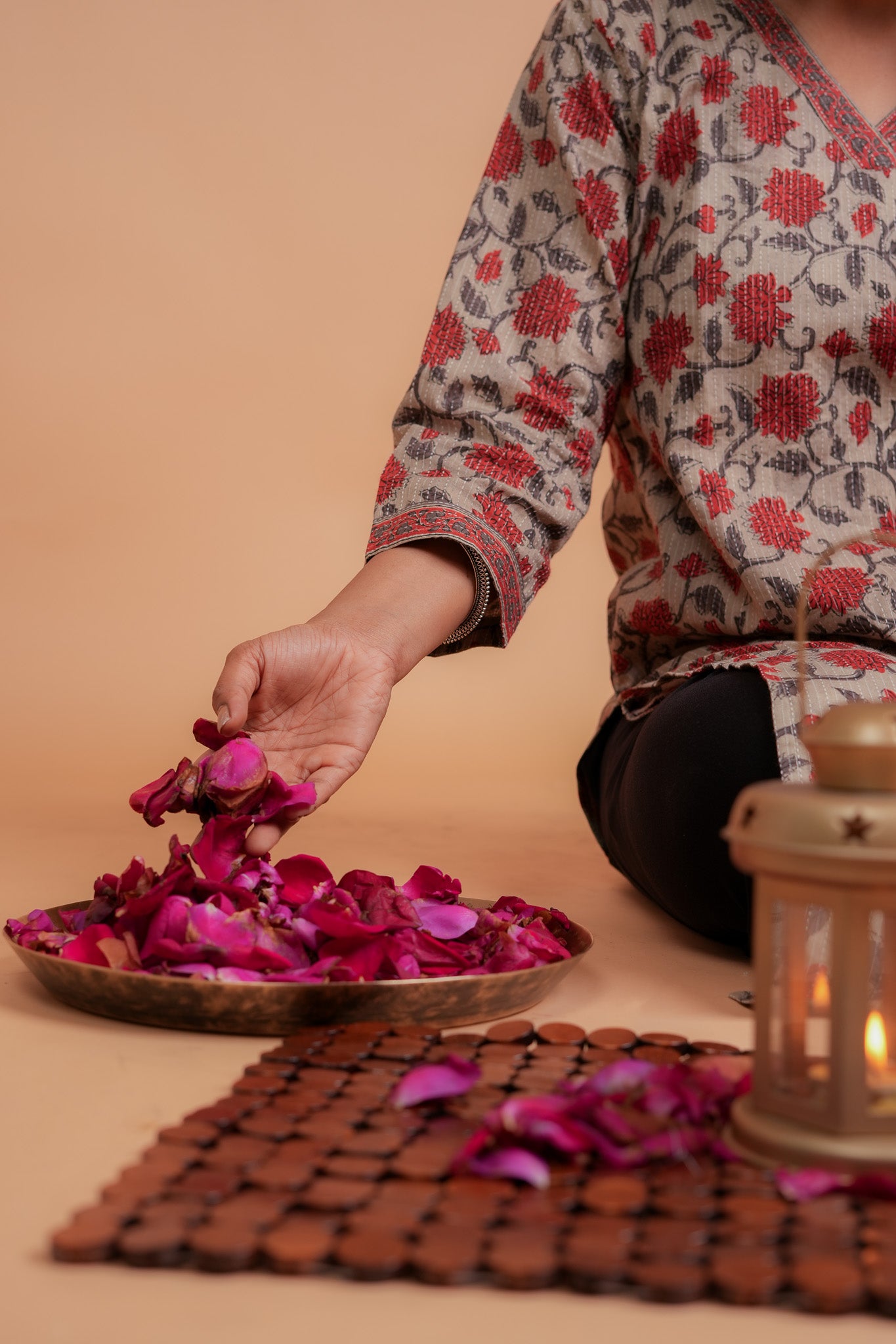 KAVANA- BEIGE AND BRICK RED COTTON KATHA KURTA