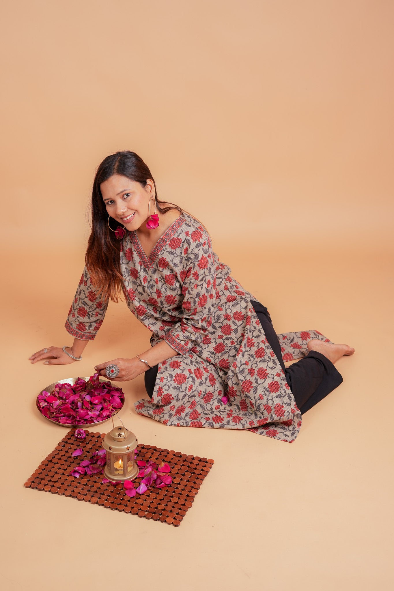 KAVANA- BEIGE AND BRICK RED COTTON KATHA KURTA