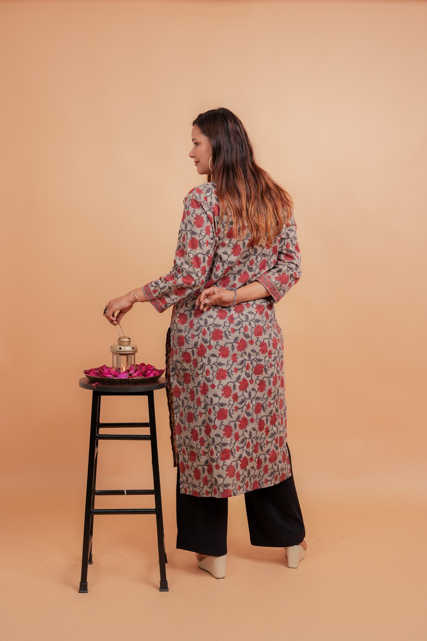 KAVANA- BEIGE AND BRICK RED COTTON KATHA KURTA