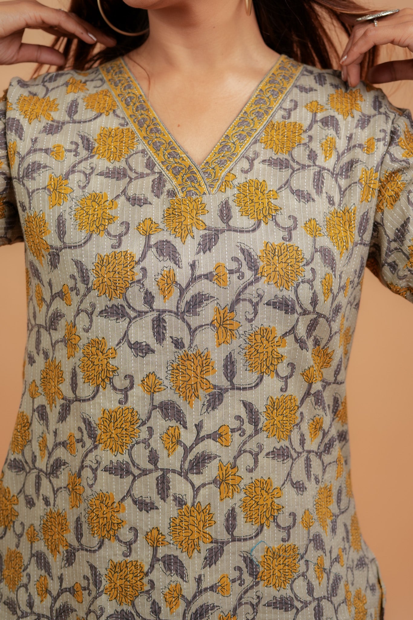 KAVERI - BEIGE AND MUSTARD COTTON KATHA KURTA