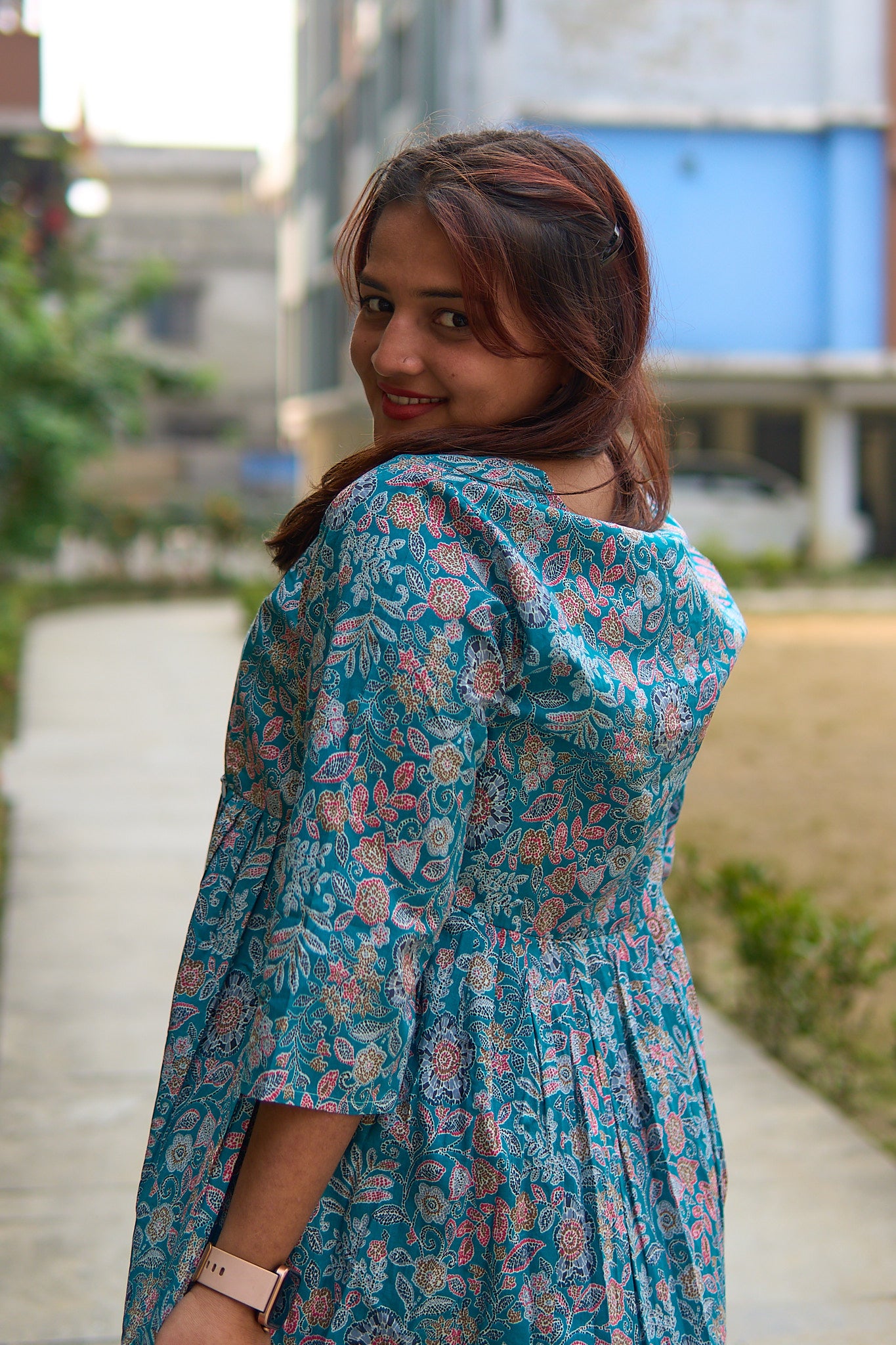 Maalini-Cotton Zaded blue maternity and nursing kurta