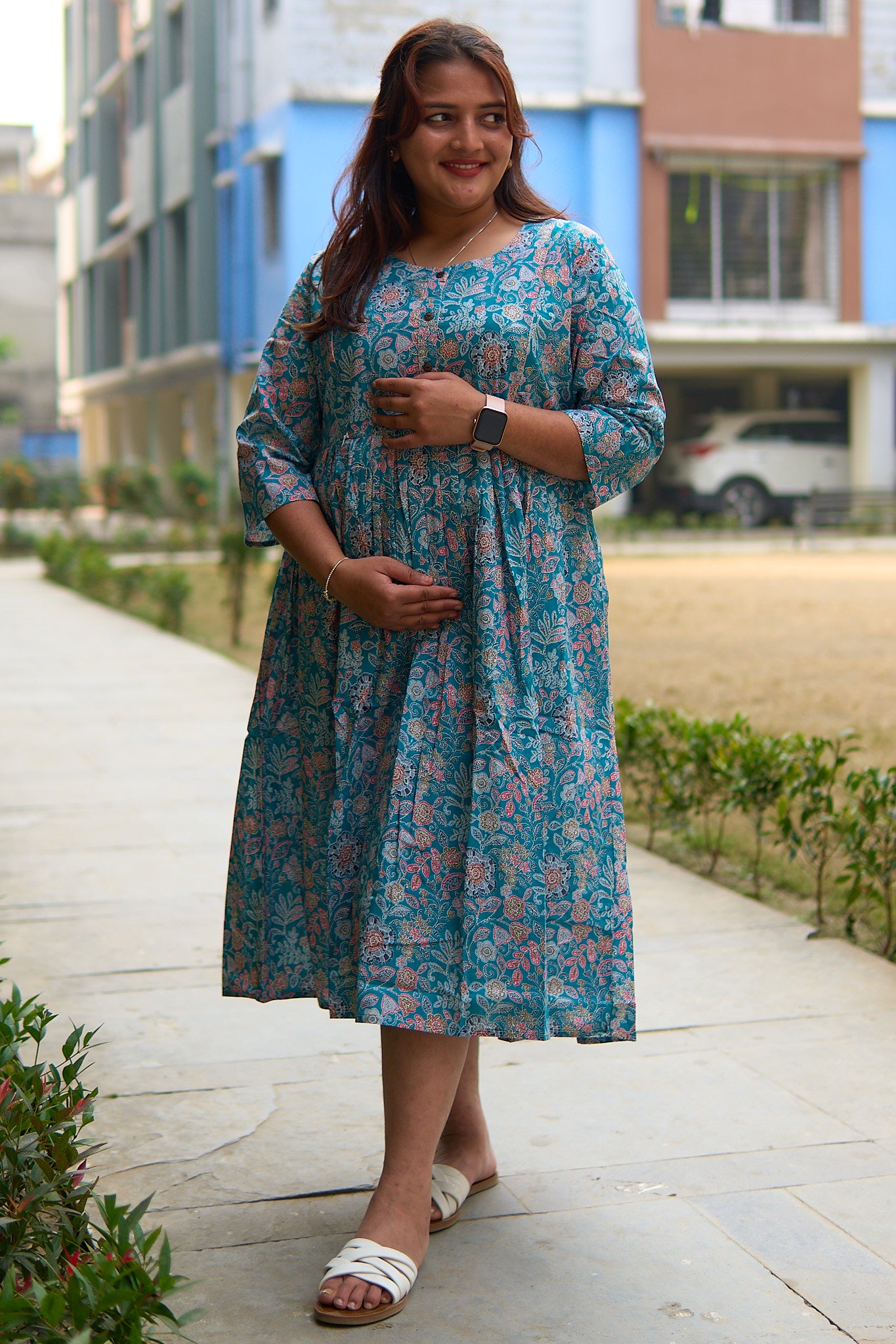 Maalini-Cotton Zaded blue maternity and nursing kurta