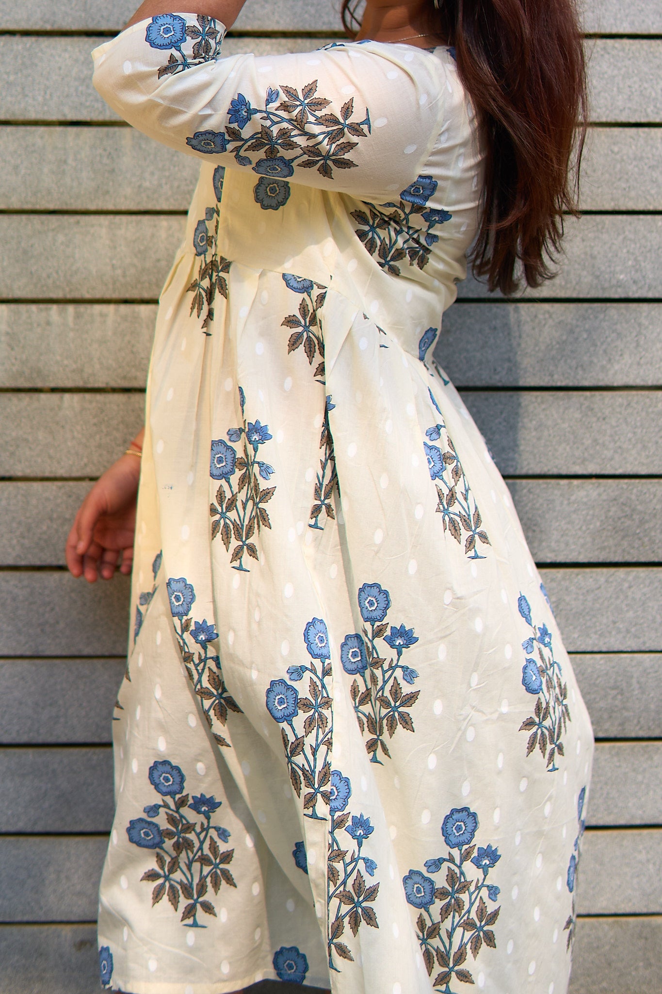 Maansi-Cream and big blue booti maternity and nursing kurta
