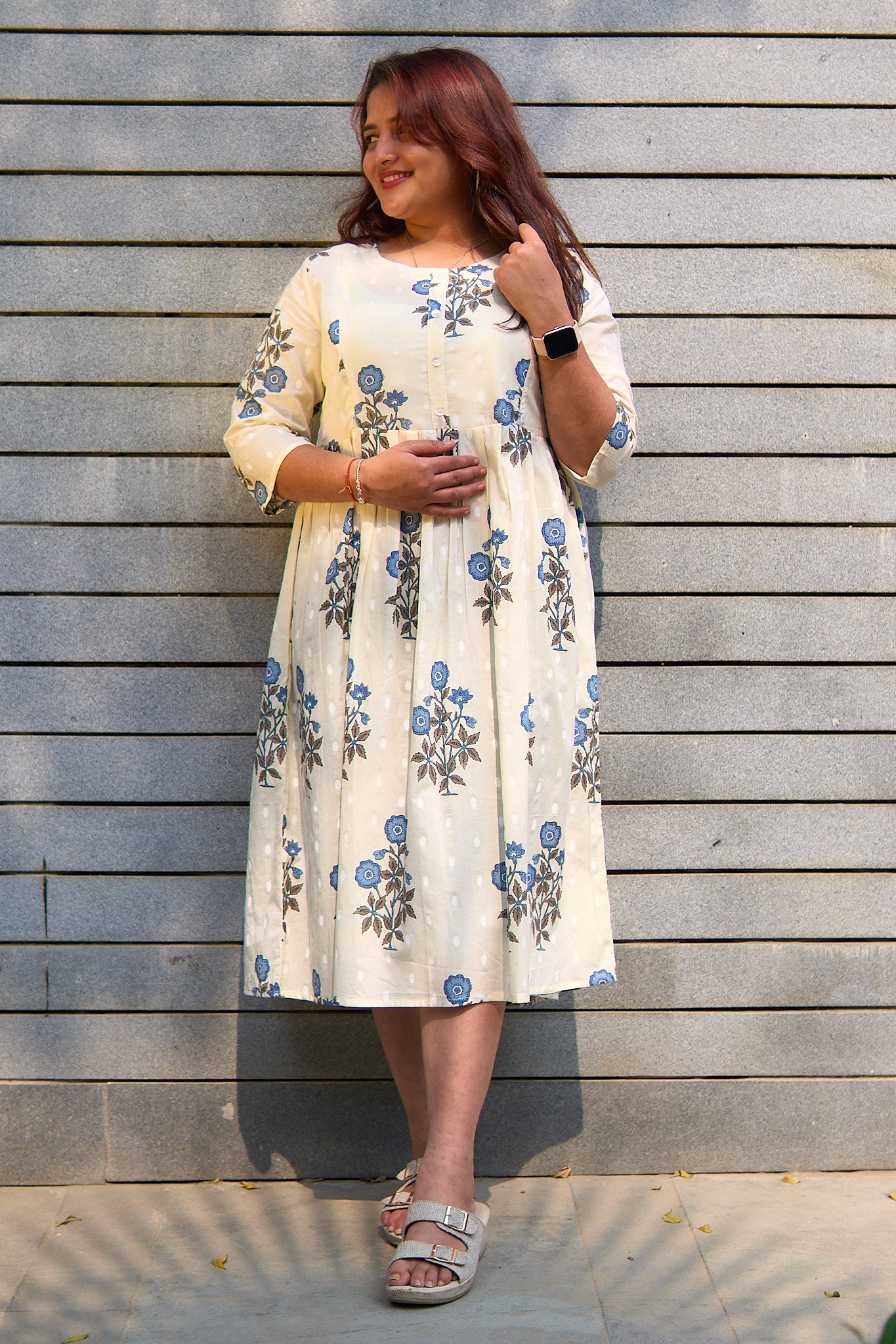 Maansi-Cream and big blue booti maternity and nursing kurta
