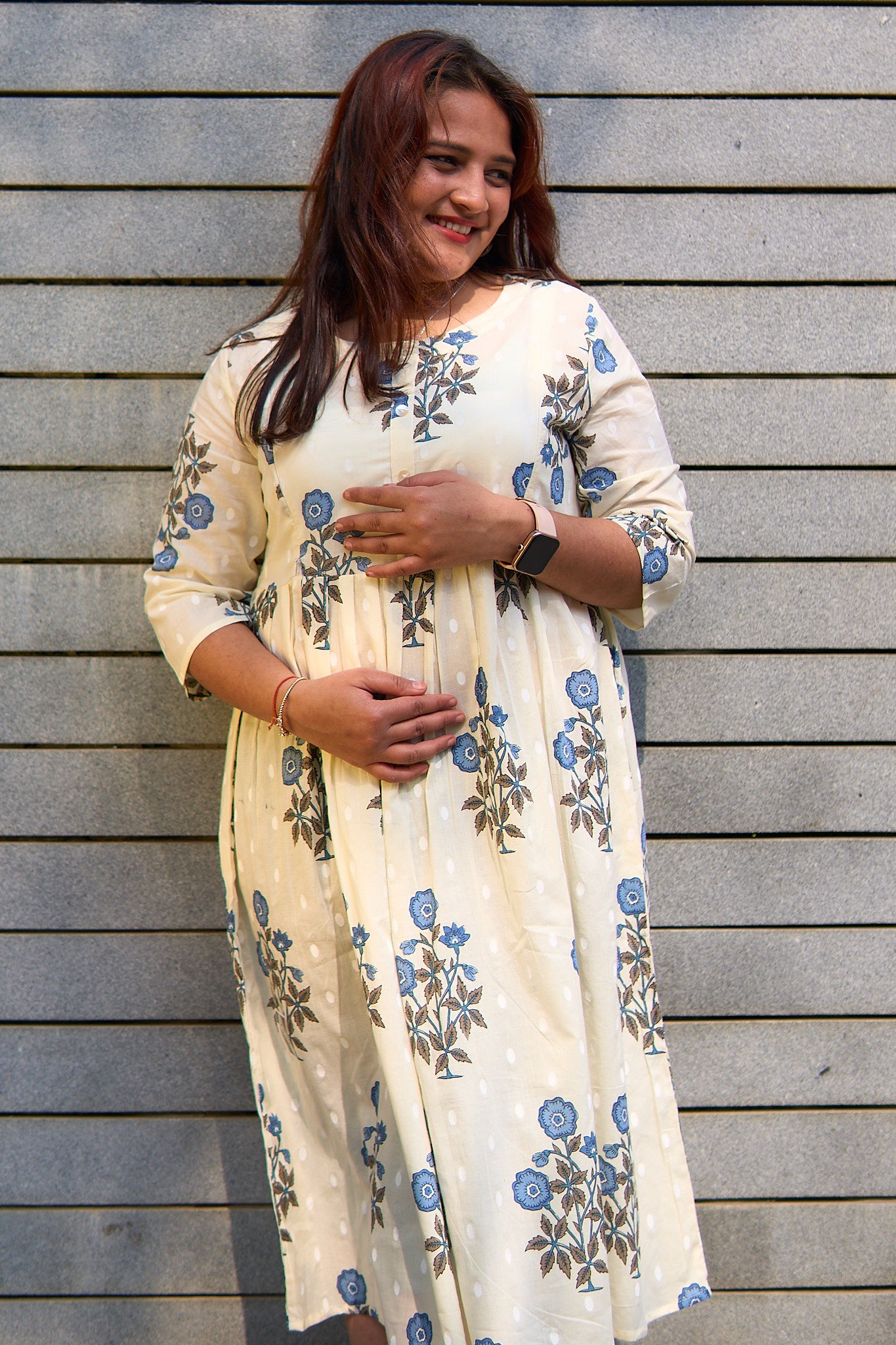 Maansi-Cream and big blue booti maternity and nursing kurta