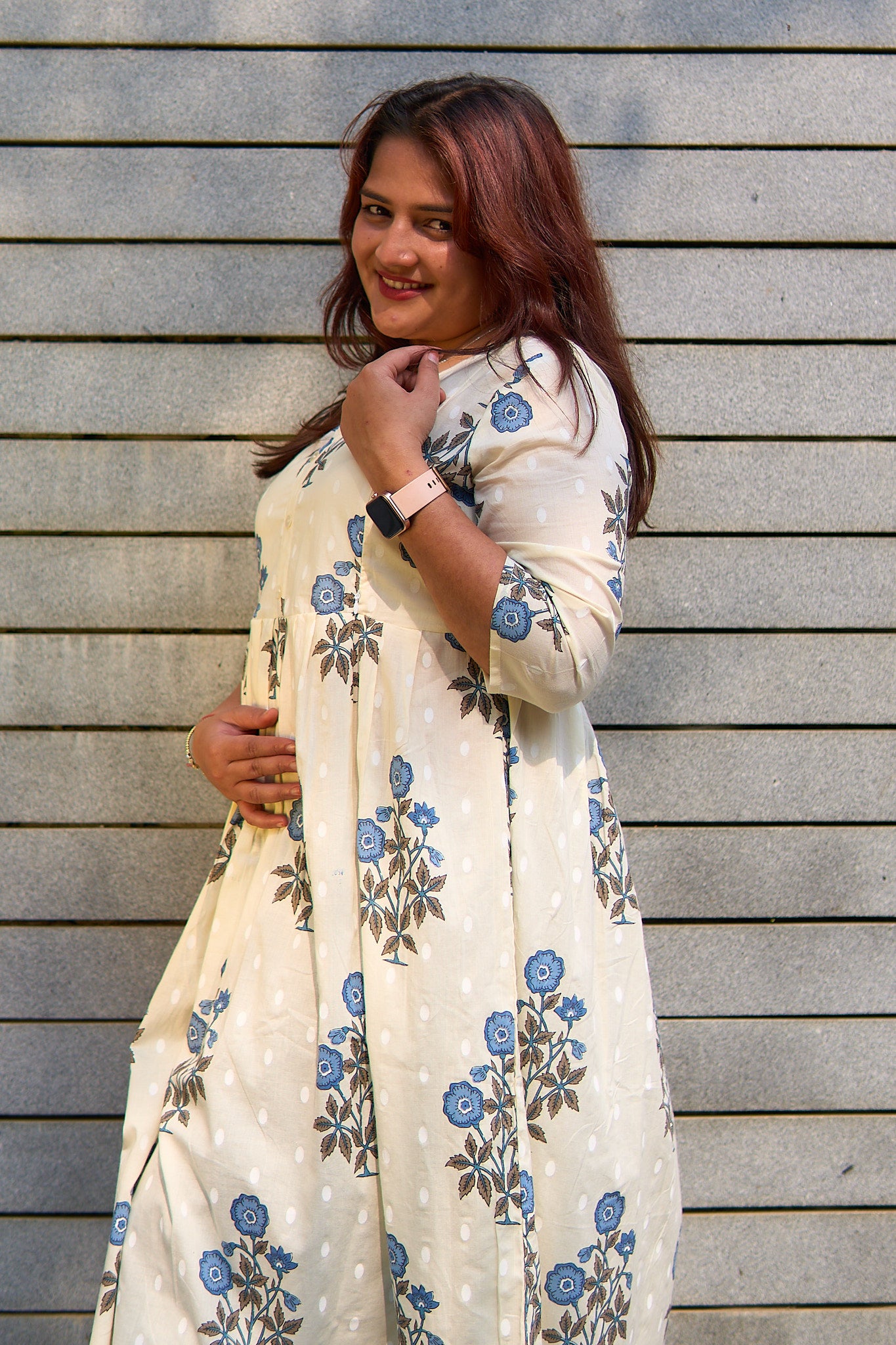Maansi-Cream and big blue booti maternity and nursing kurta