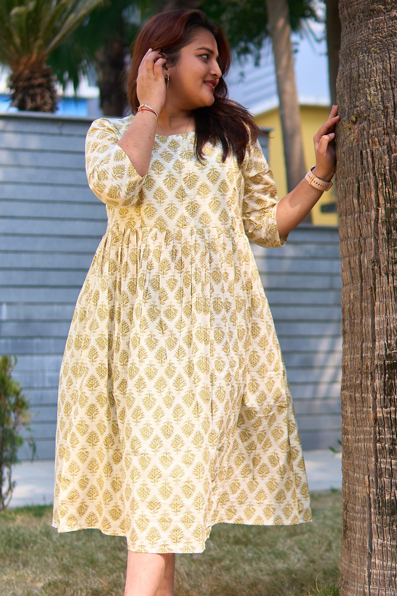 Madhuli-Cream and yellow cotton booti maternity and nursing kurta