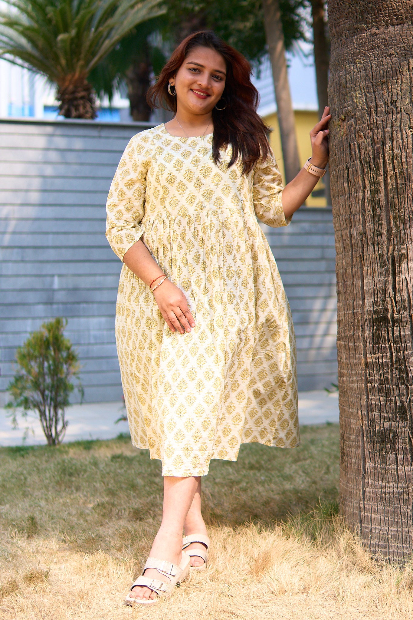 Madhuli-Cream and yellow cotton booti maternity and nursing kurta