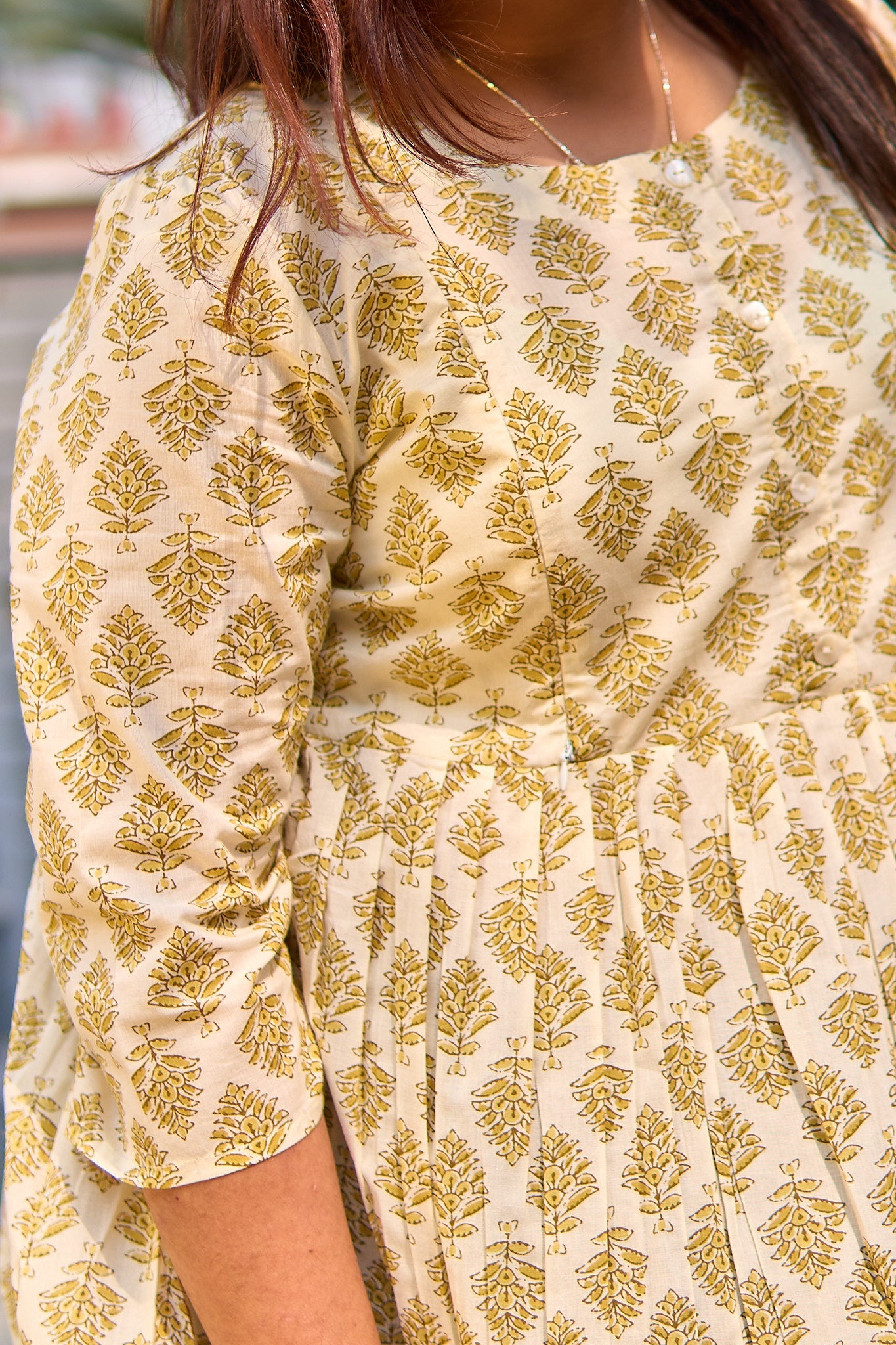 Madhuli-Cream and yellow cotton booti maternity and nursing kurta